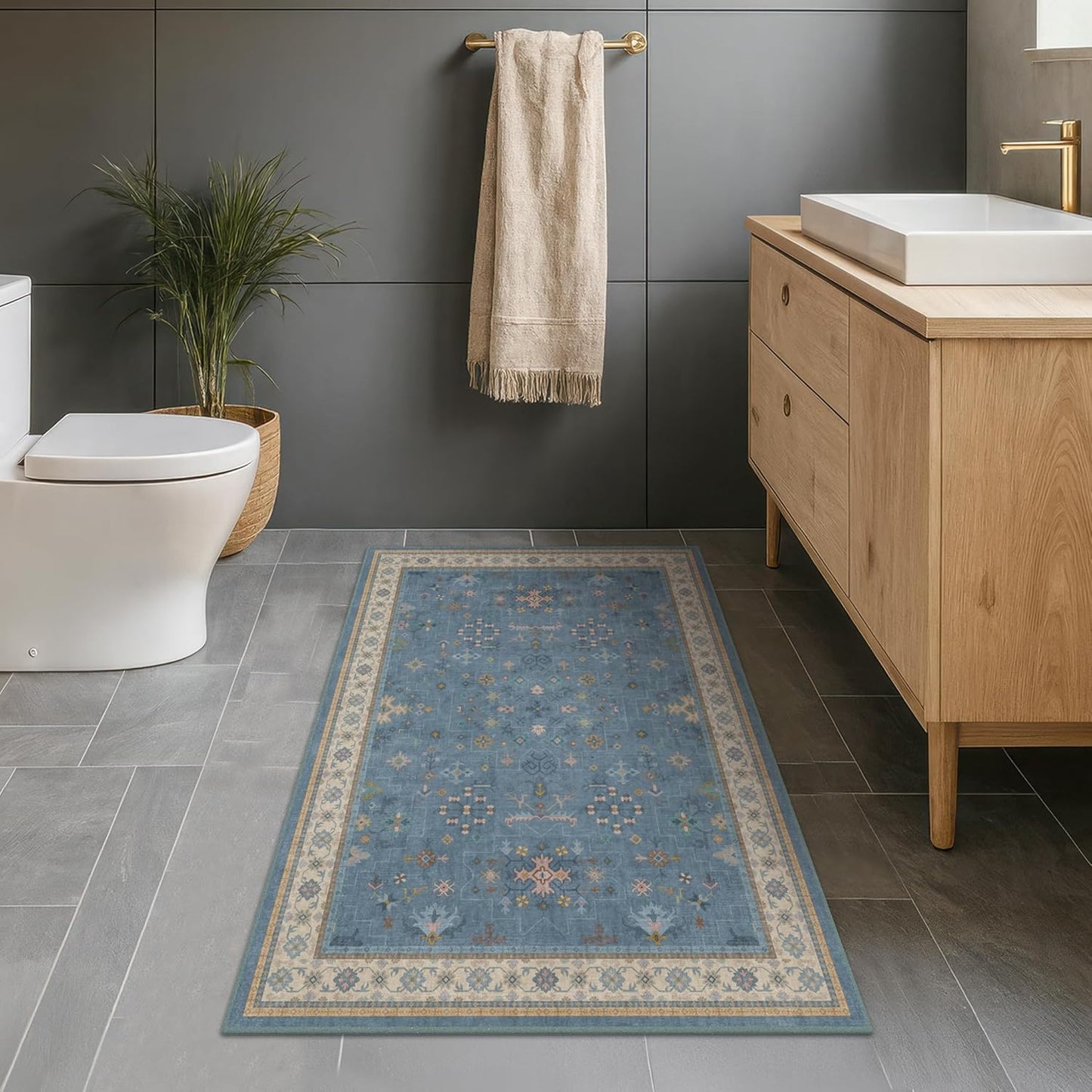 Washable Blue Rugs for Entryway Indoor - 3x4 Throw Rug for Large Kitchen, Bedroom Bedside, Bathroom, Mudroom, Boho Eclectic Modern Décor, Non Slip Low Pile Fade Resistant