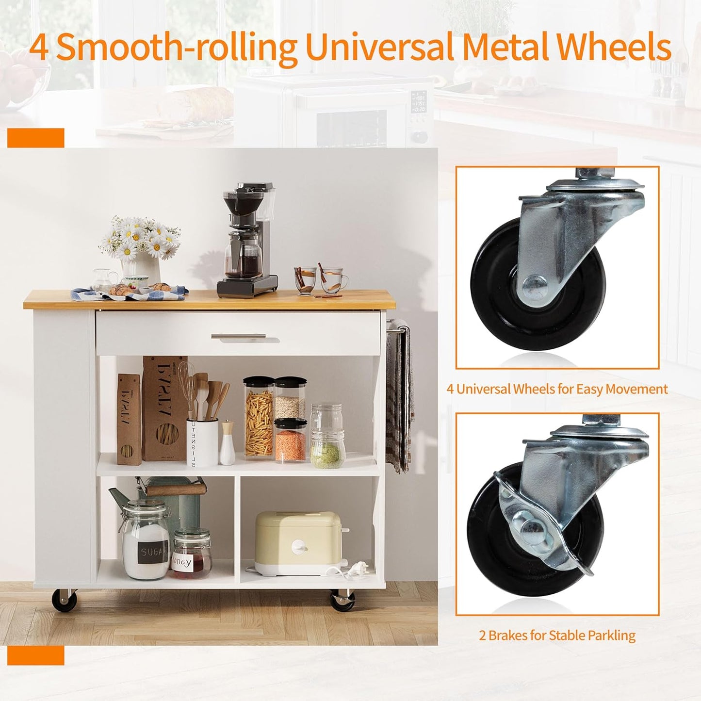 Shintenchi Kitchen Island on Wheels with Storage, Wheeled Island & Cart with 3-Tier Spice Rack, 3 Open Shelves and 1 Drawer, White