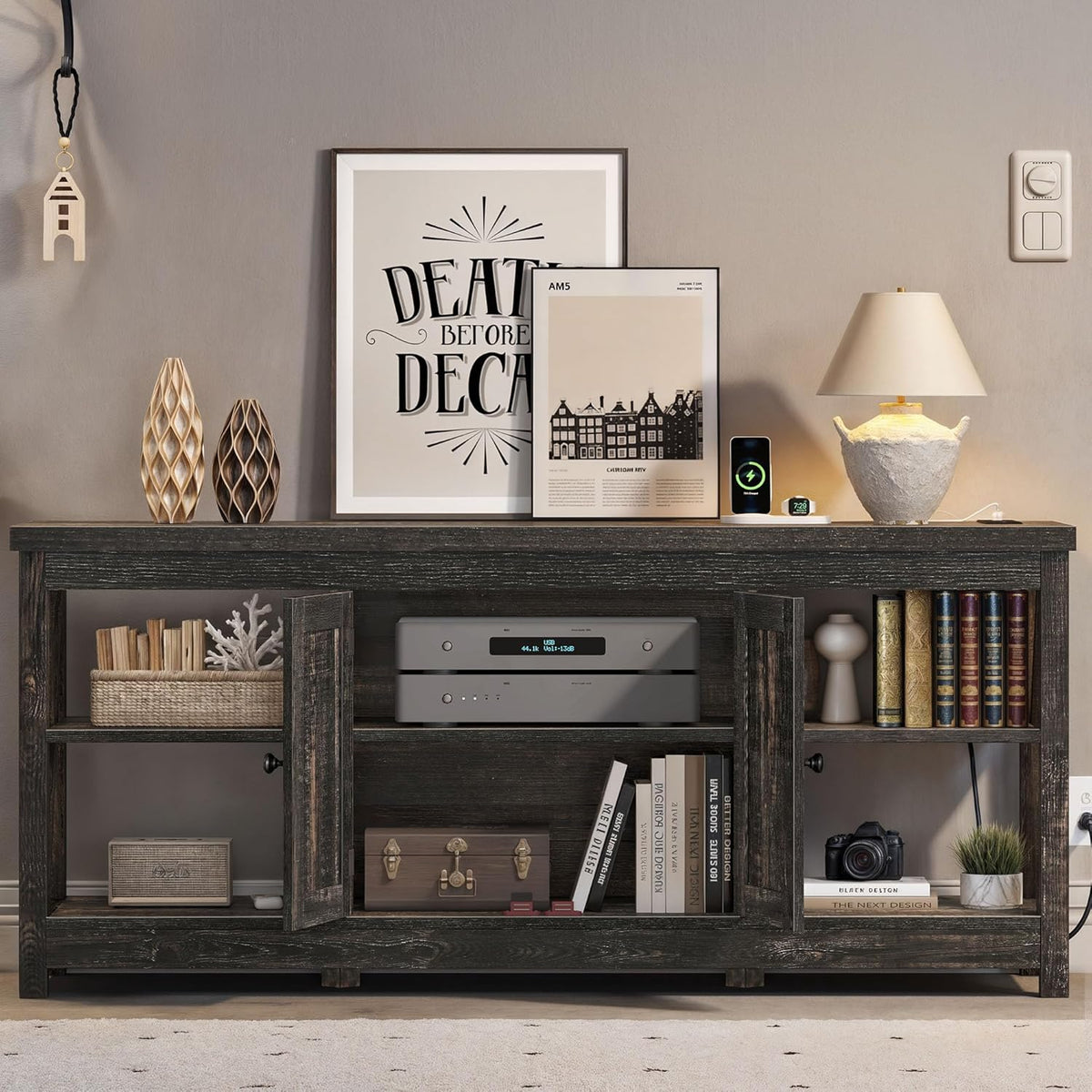 YITAHOME TV Stands for Living Room, Modern Entertainment Center with Power Outlet for Television up to 65 Inch, Farmhouse Media Console TV Cabinet with Adjustable Shelf & Open Shelves, Dark Rustic Oak