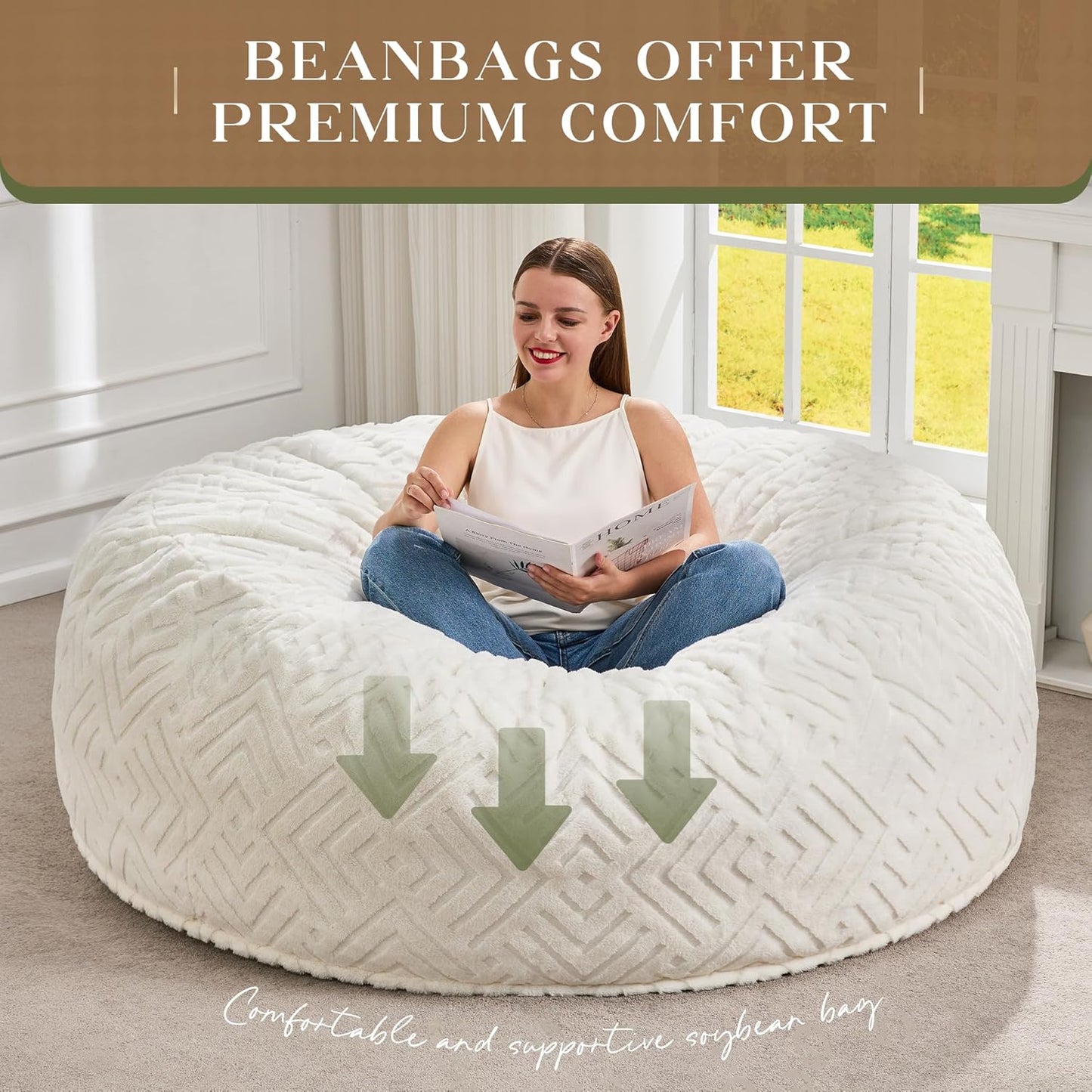 Hobestluk Bean Bag Chairs Adults Beanbag Chair with Filler Large Bean Bags with Fluffy Embossed Cover, Giant Bean Bag Chairs for Adults (White, 5FT - 50” x 50” x 24”)