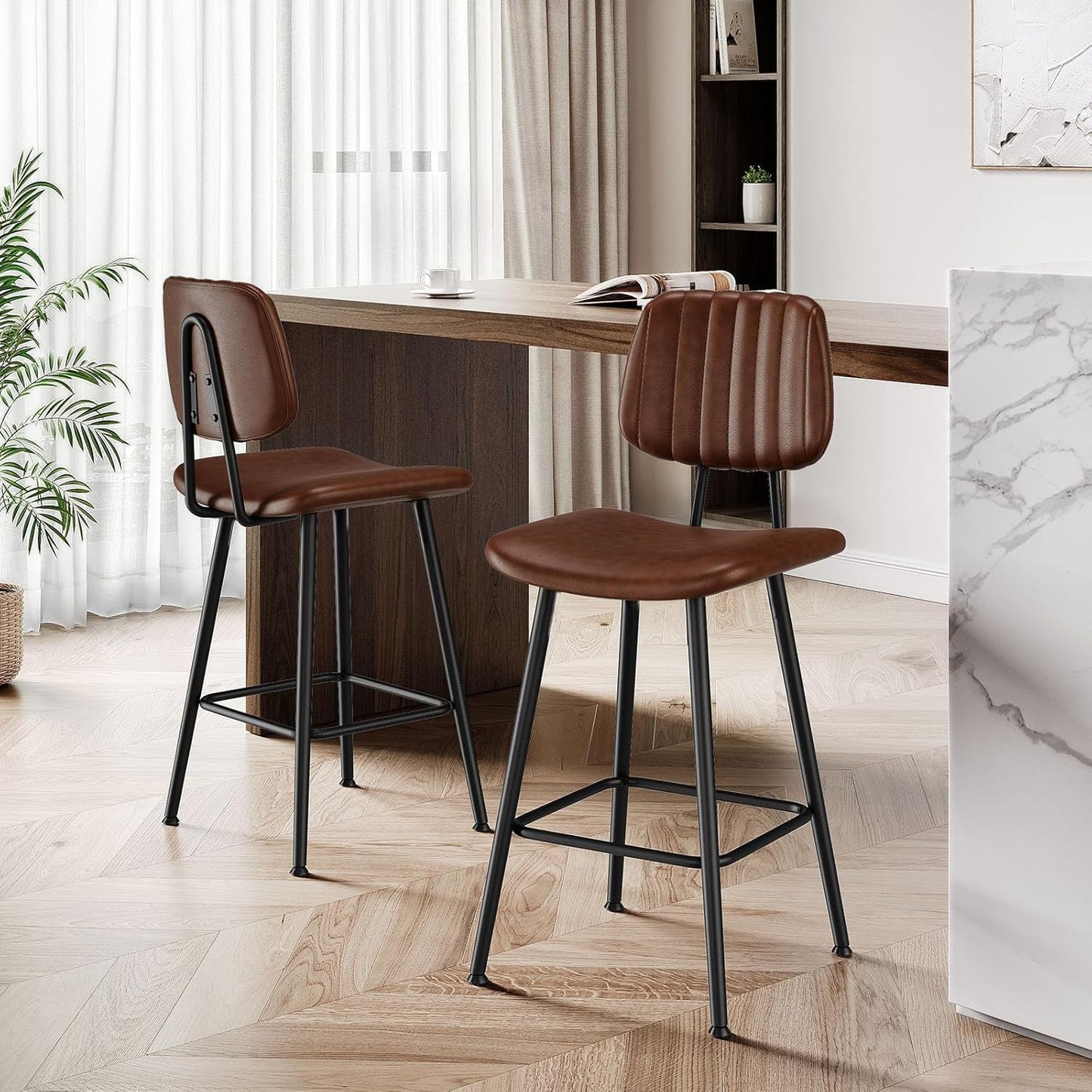 24-Inch Leather Bar Stools, Counter Height Barstools with High Backrest,Bar Chairs for Kitchen Island with Heavy Duty Metal Legs, Dark Brown