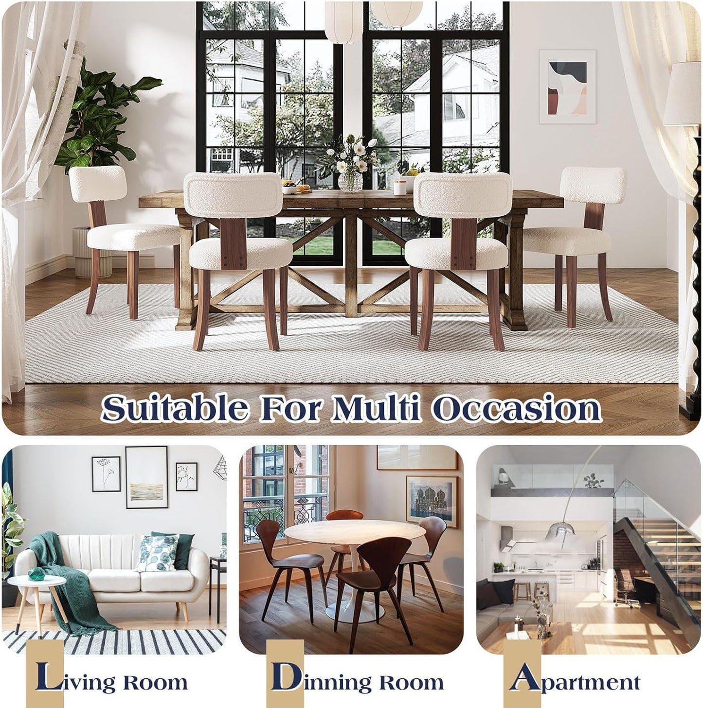 Mid-Century Dining Chair Set of 4, Upholstered Sherpa Seats with Ergonomic Curved Back and Adjustable Legs for Dining Room, Bedroom, Kitchen, White Sherpa