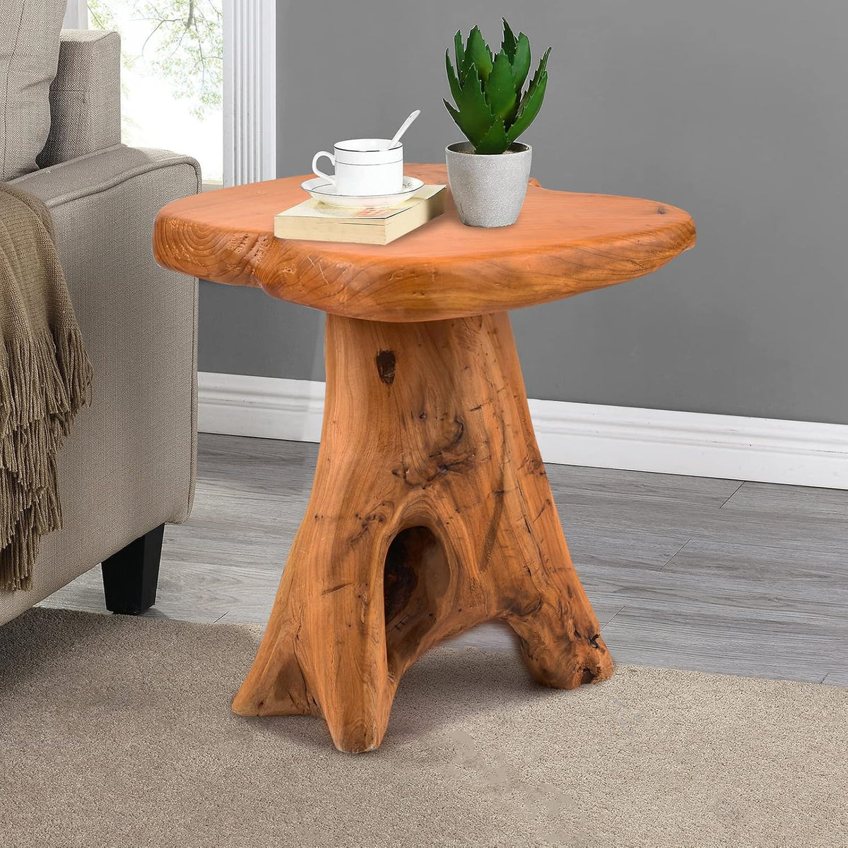 Small Side Table, Unique Design Live Edge Wood Stool, Freeform Natural Plant Stand for Garden, Yard, Living Room, Bedroom