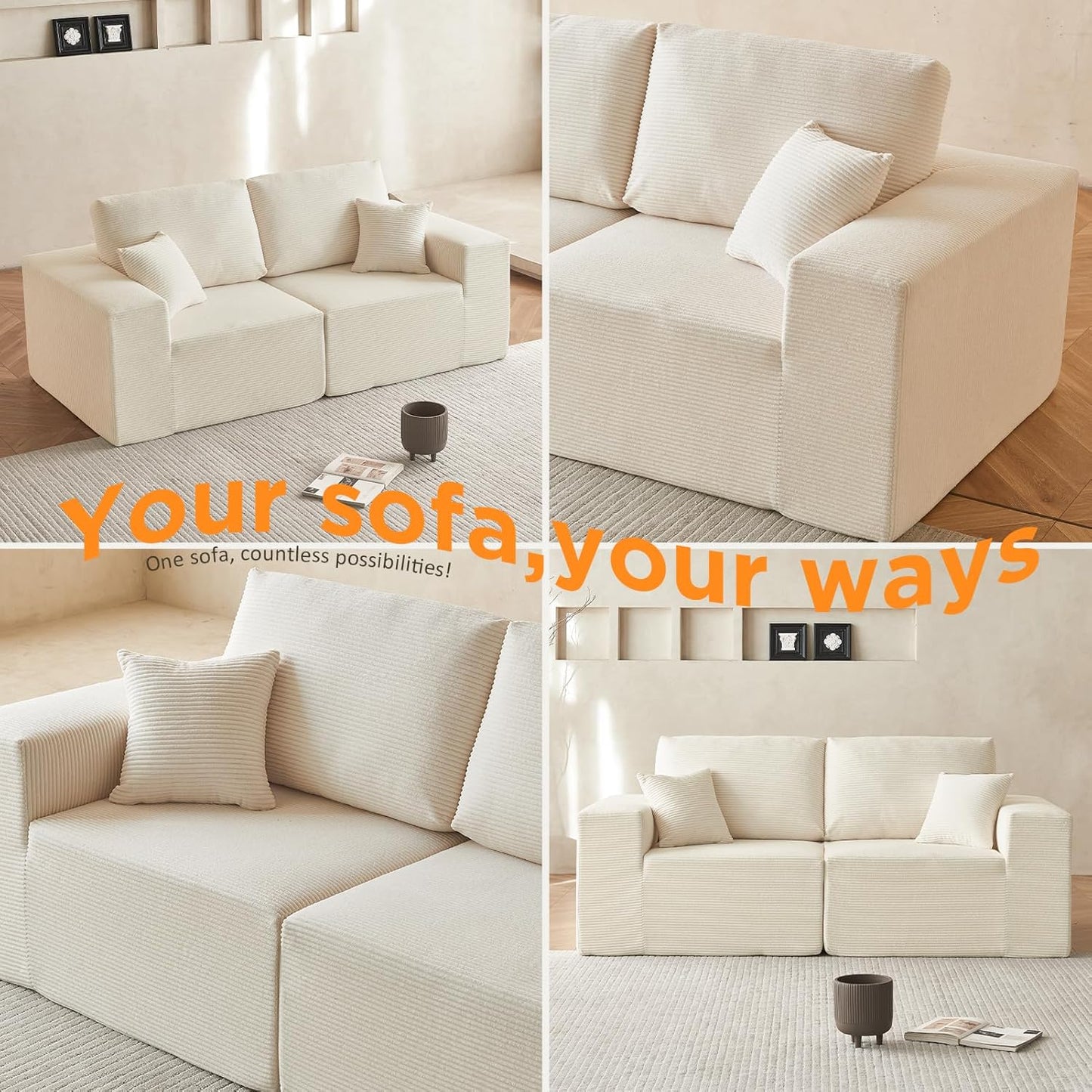 INGEROOM 79" Cloud Couch, Loveseat Sofa with Deep Seat, Modern Plush Corduroy Small Couch for Living Room Bedroom(Beige)