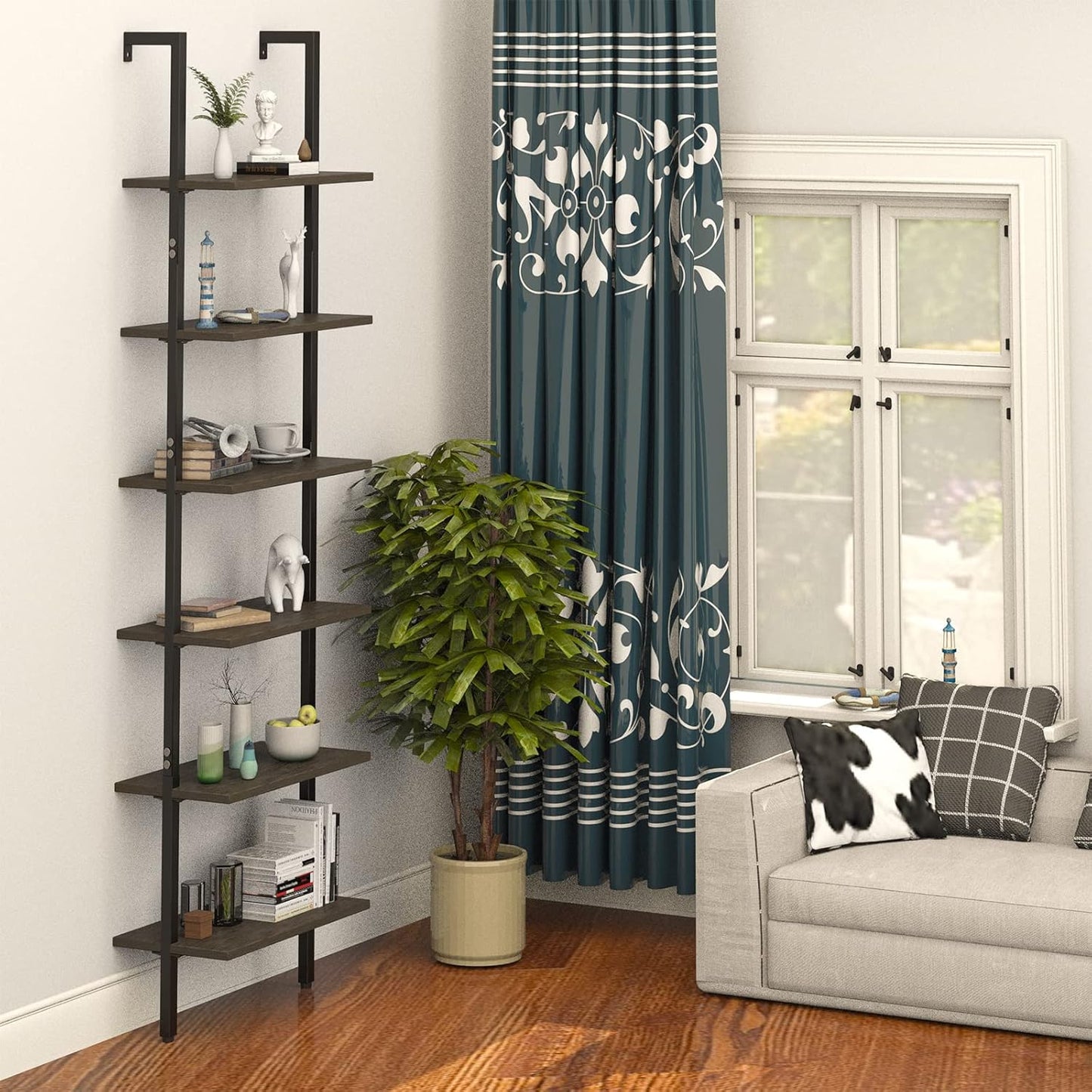 Ladder Shelf Black 6 Tiers Modern Bookshelf Room Organizer Open Tall Wall Mount Bookcase Standing Leaning Wall Shelves Industrial Decorative Living Room Bed Room (Brown)