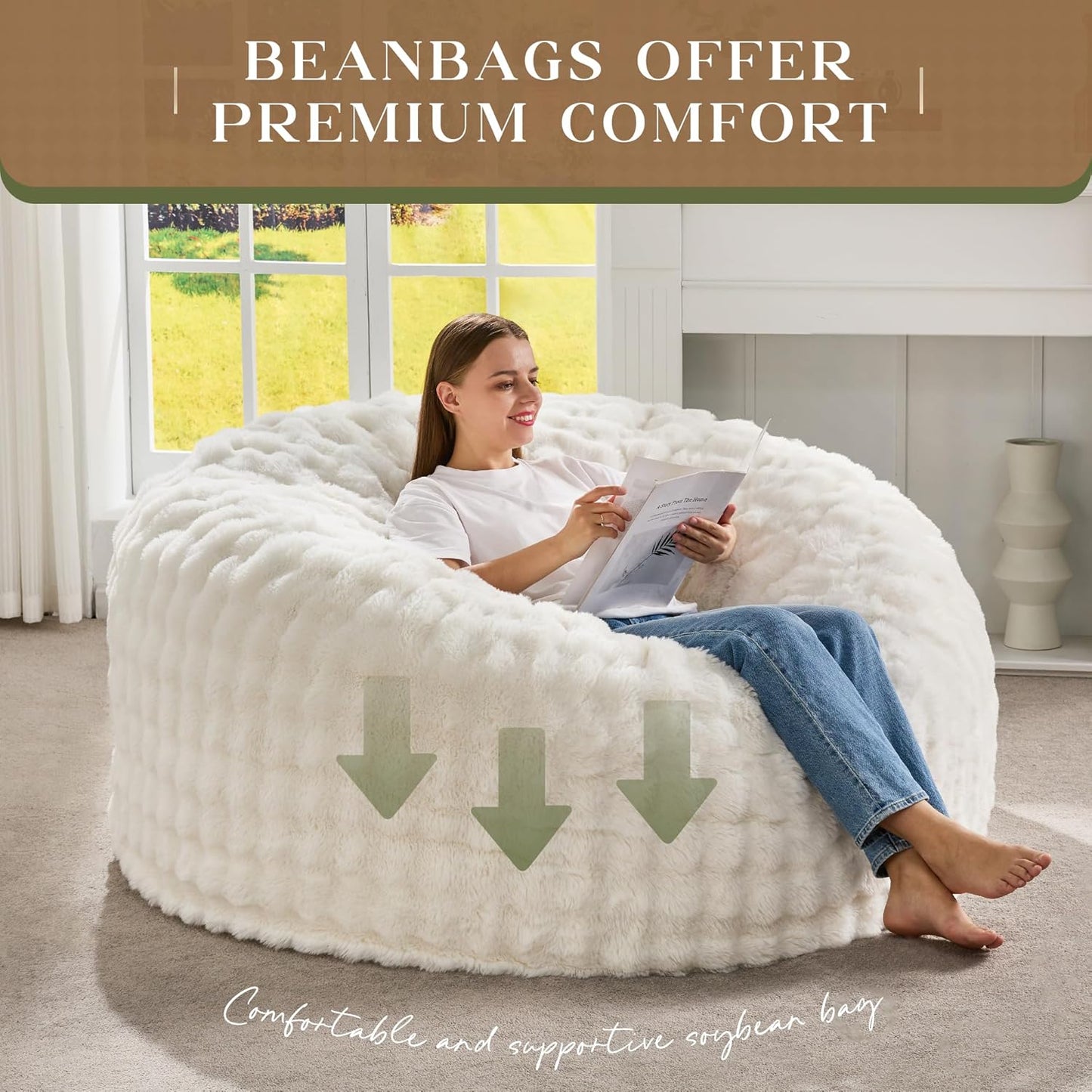 Hobestluk Bean Bag Chairs 5ft Beanbag Chair with Filler Adult Bean Bags with Fluffy & Machine Washable Cover, Giant Bean Bag Chairs for Adults (White, 5FT-50" x 50" x 24")