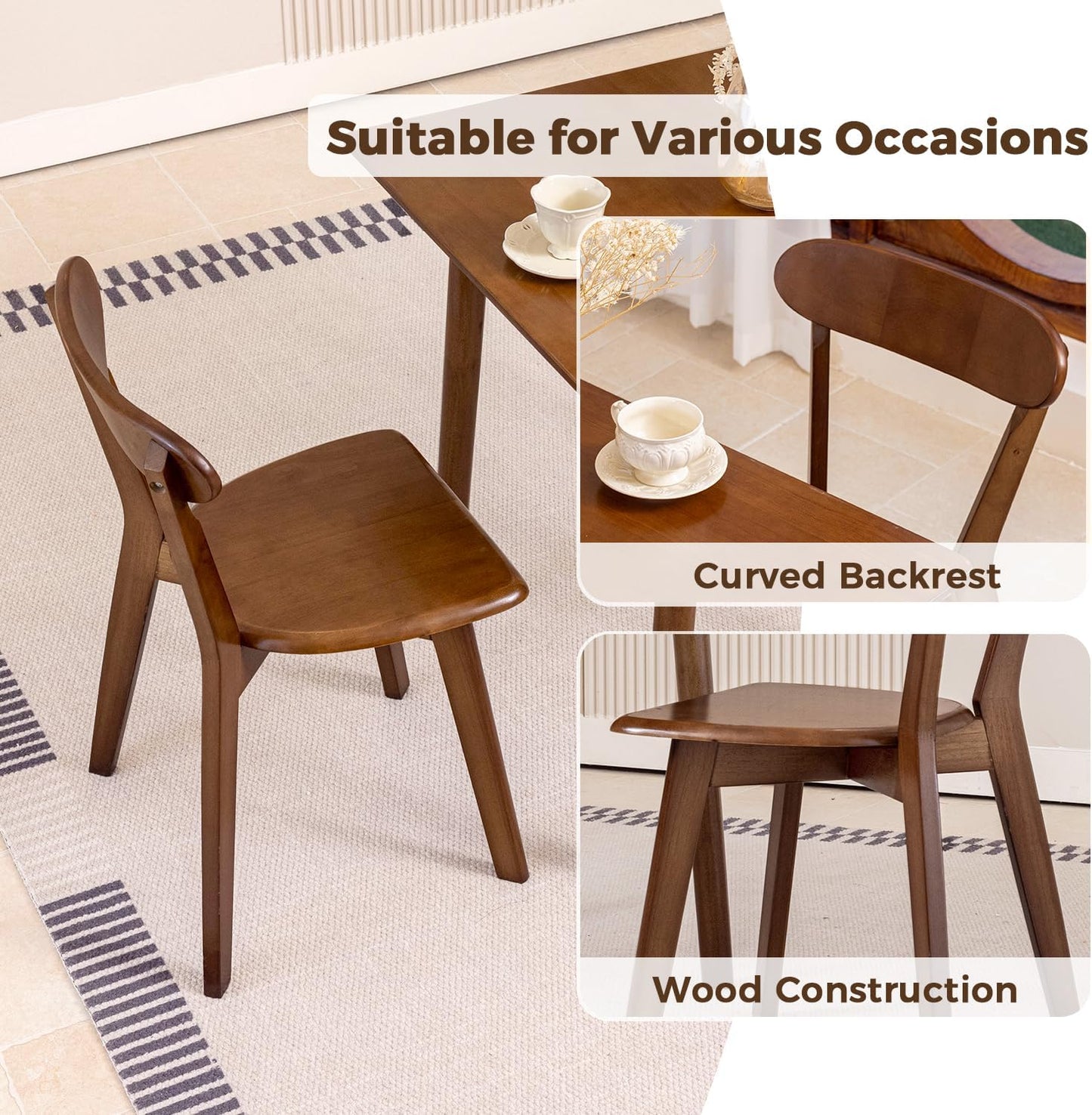 DELAVIN Soild Wood Dining Chairs Set of 2, Oak Wood Kitchen Chairs, Mid Century Modern Dining Room Chairs, Walnut