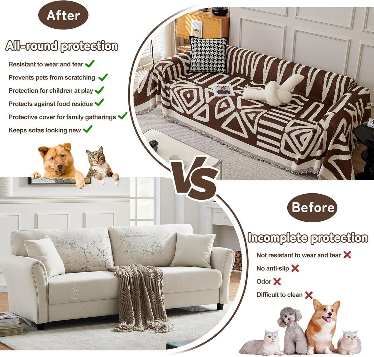 HANDONTIME Chocolate Boho Couch Cover Reversible Sofa Covers for 3 Cushion Couch Washable Couch Sofa Cover for Dogs Dark Couches Covers Chenille Sofa Protector Couch Covers for Sofa, 91" X134"