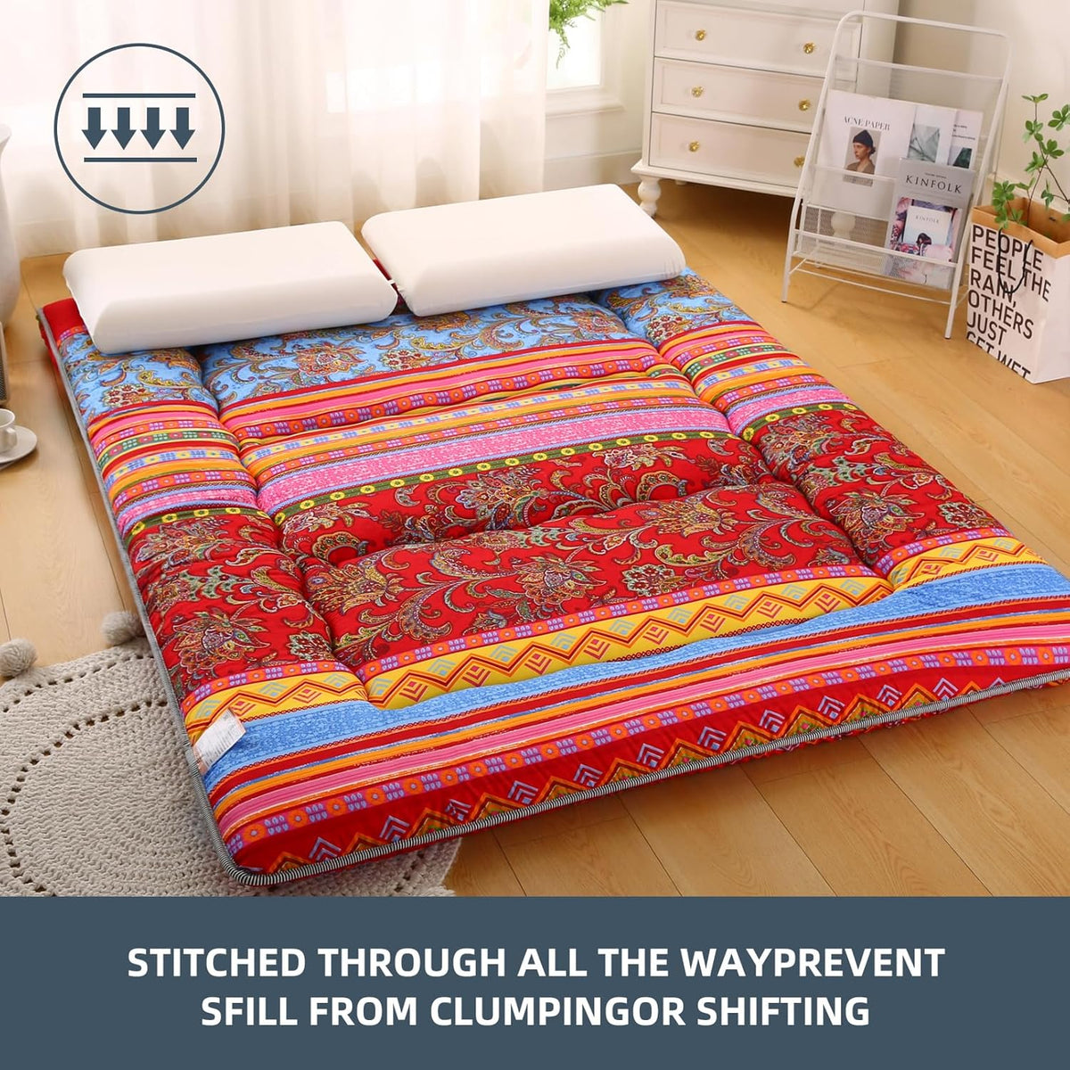 Bohemian Retro Japanese Floor Mattress, Vintage Floral Tatami Floor Mat, Portable Roll up Futon Mattress for Guest,Tavel (E,Full 80" X 47")