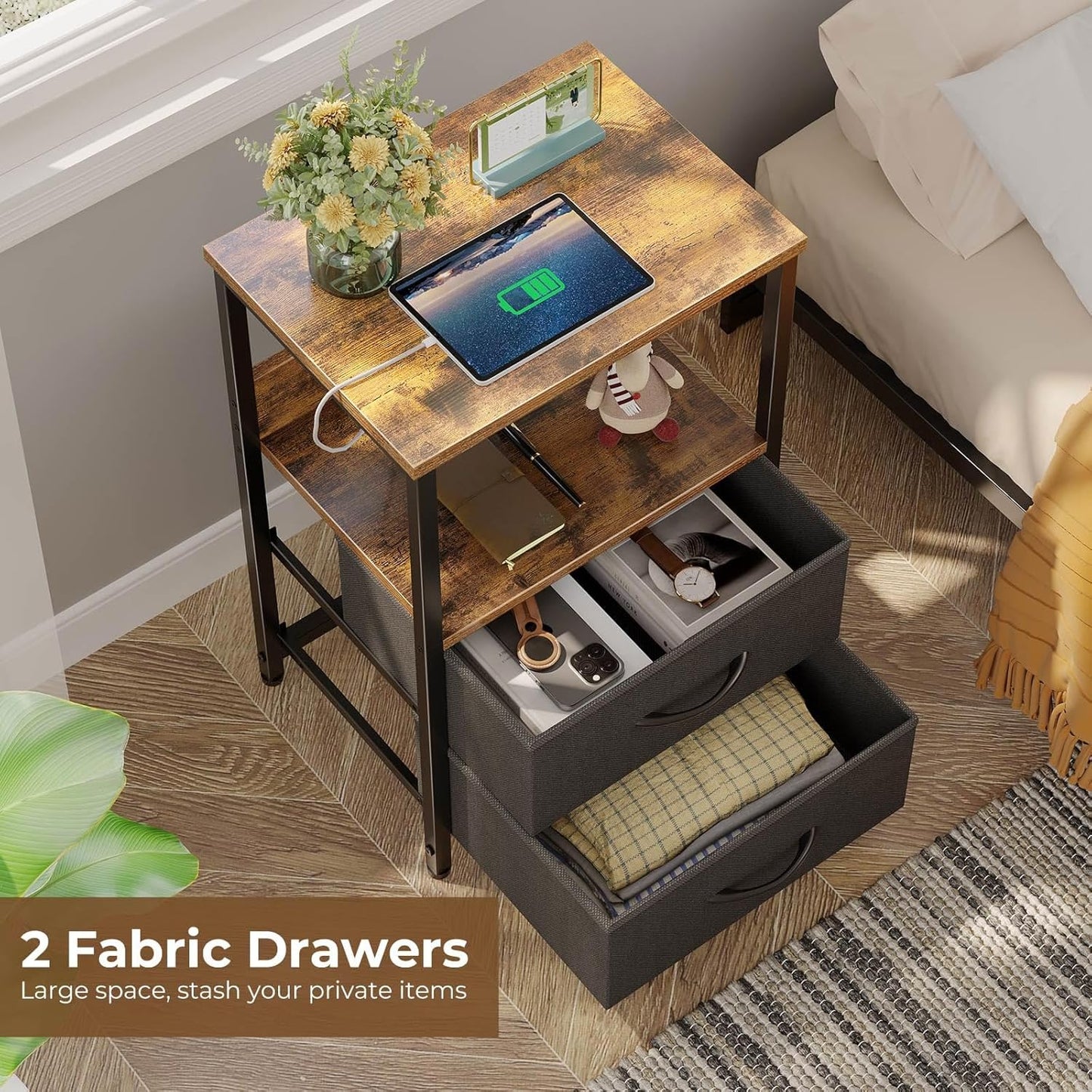 Seventable Nightstand with Charging Station, Bedside Table with LED Lights, Night Stand with 2 Fabric Drawers, 3-Tier Storage End Table for Bedroom, Rustic Brown