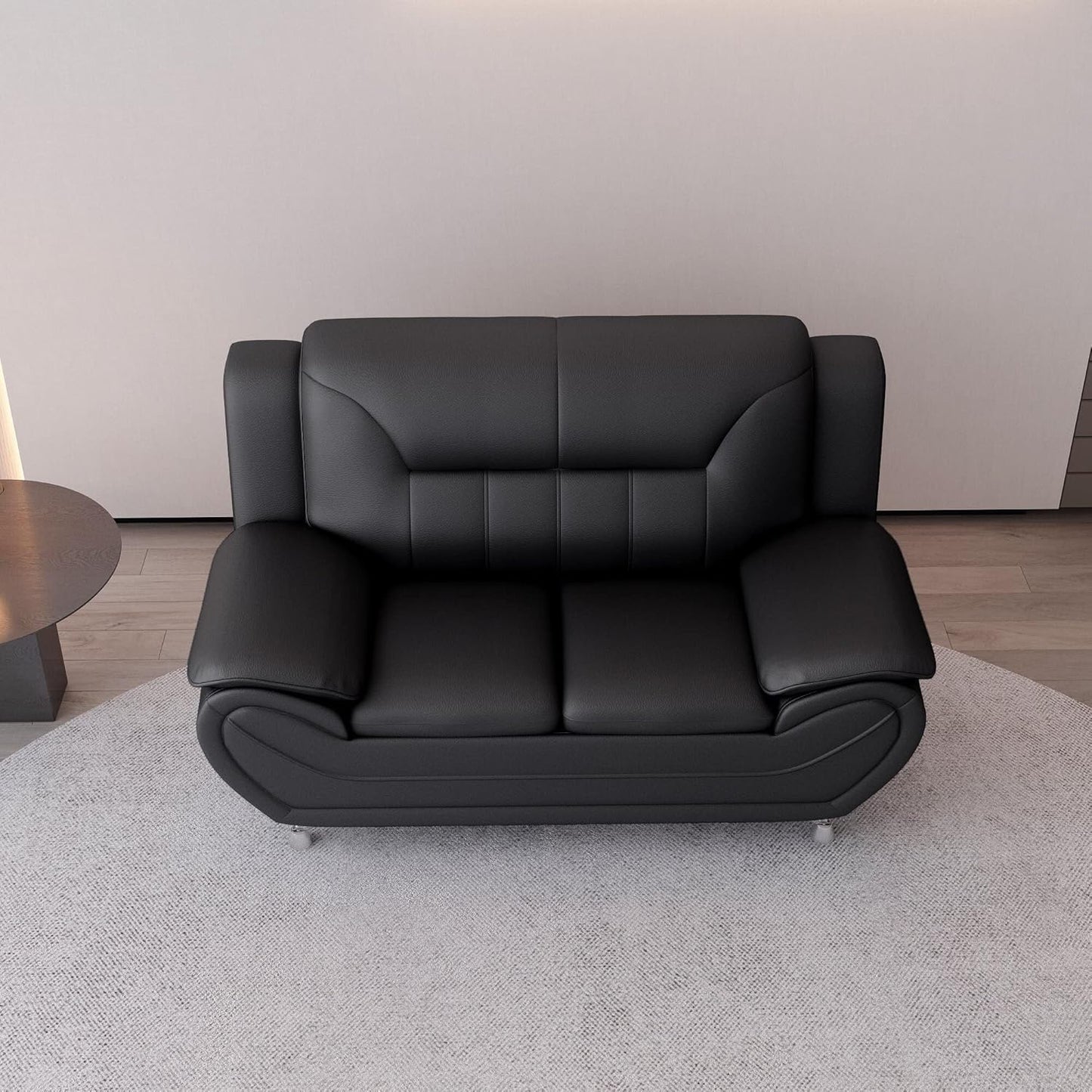 Container Furniture Direct Michael Modern Faux Leather Upholstered Stainless Steel Legs Living Room Sofa, Loveseat, Black