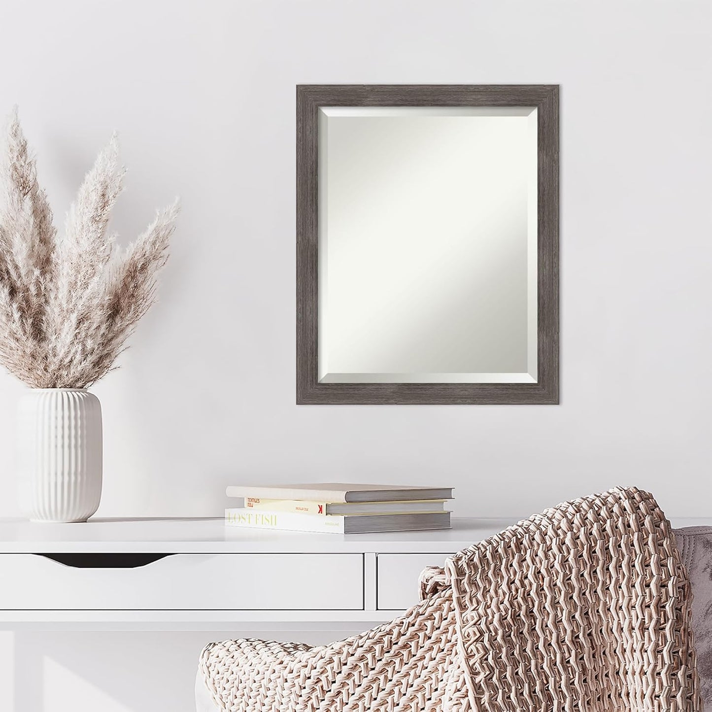 Amanti Art Grey Wall Mirror 23x19 Pinstripe Lead Grey Rectangle Bathroom Mirror for Wall Decor Living Room, Small Modern Wood Frame, Hangs Horizonally and Vertically, Bathroom Decor, Beveled Edge