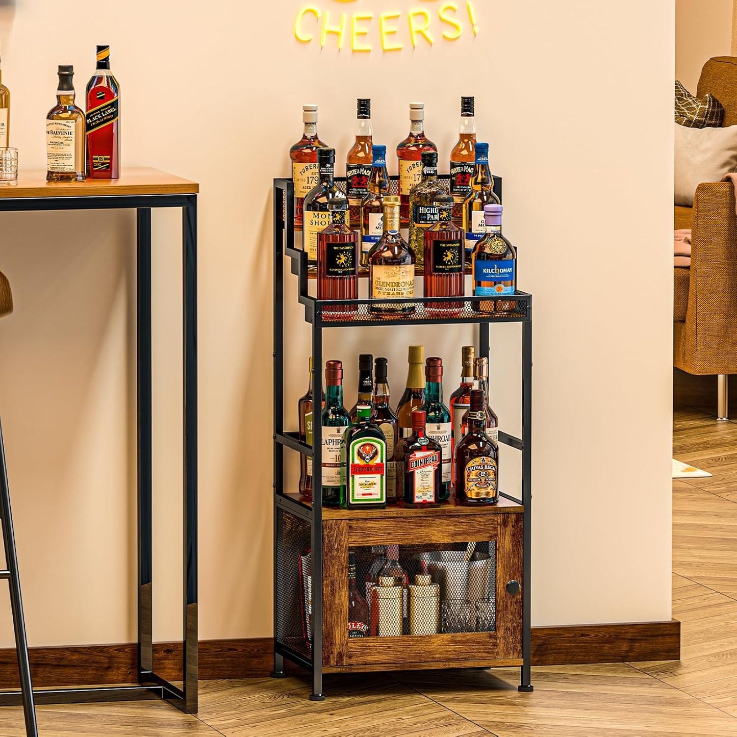 Tiered Liquor Stand with Bar Cabinet for Home, Large-Capacity Wine Rack Freestanding Floor, Stepped Display Shelf Featuring Mesh Door Holds Whiskey & Syrup Bottles, Corner Storage Ideal in living room