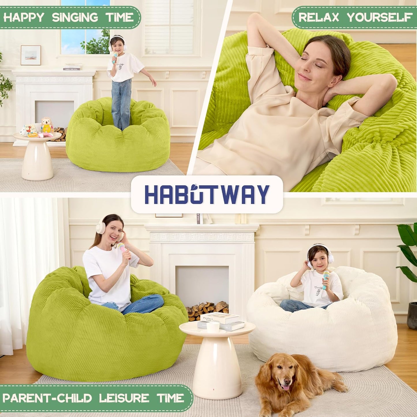 HABUTWAY Giant Bean Bag Chair for Adults/Kids/Teens, Pumpkin Bean Bag Couch Comfy Reading Chair for Bedroom, Corduroy Lazy Sofa Loughe Chair with Wider Seat Depth & Non-Slip Bottom(Light Green)