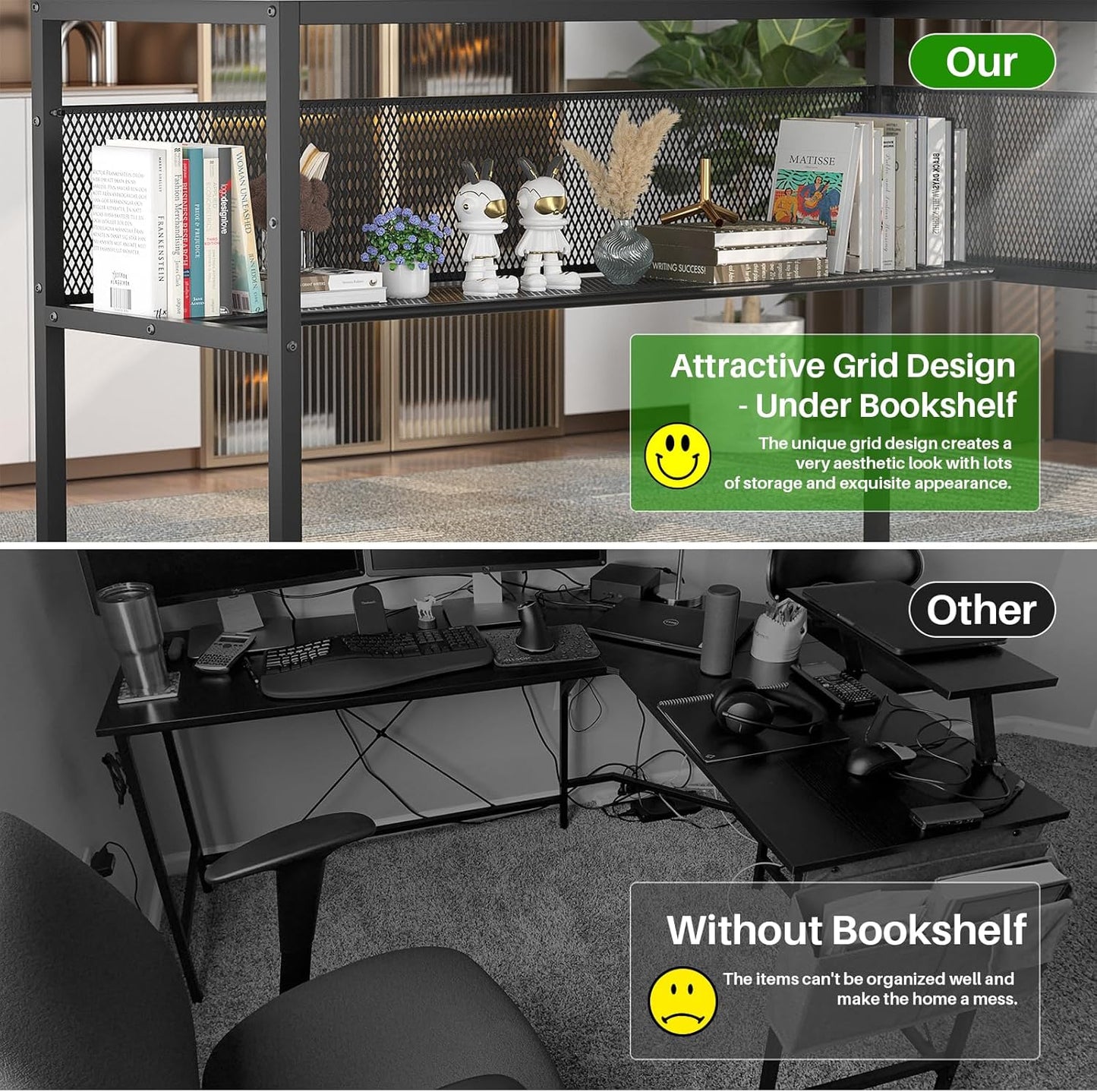 Unikito L Shaped Desk with LED Light and Power Outlet, Reversible Corner Computer Table with Monitor Stand and Storage Shelf, Modern L- Shaped Gaming Desk, Ergonomic Home Office Desk, Rustic Brown