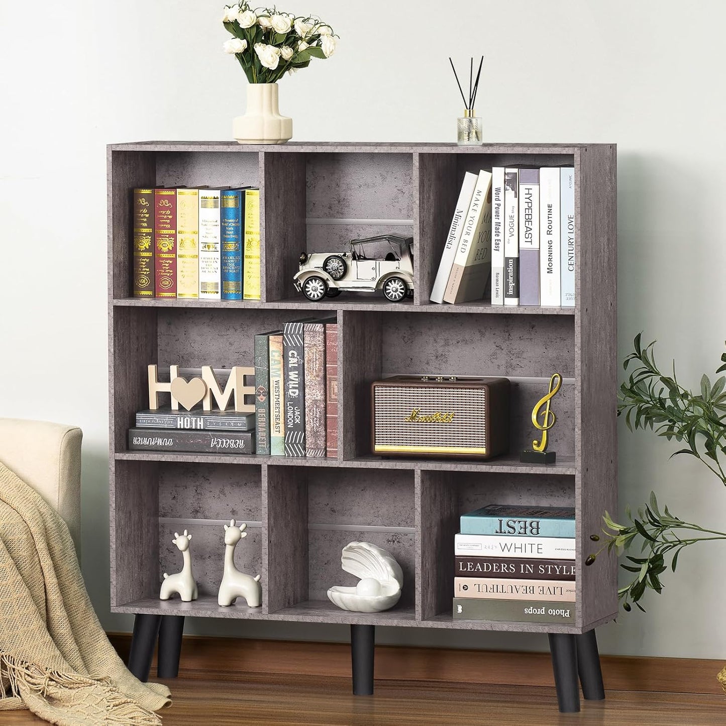 LEYAOYAO 8 Cube Bookshelf,Farmhouse Bookcase with Legs,Modern Dirty Grey Mid-Century Bookshelves,Large 3 Tier Open Storage Organizer Shelf, Retro Wood Display Book Case