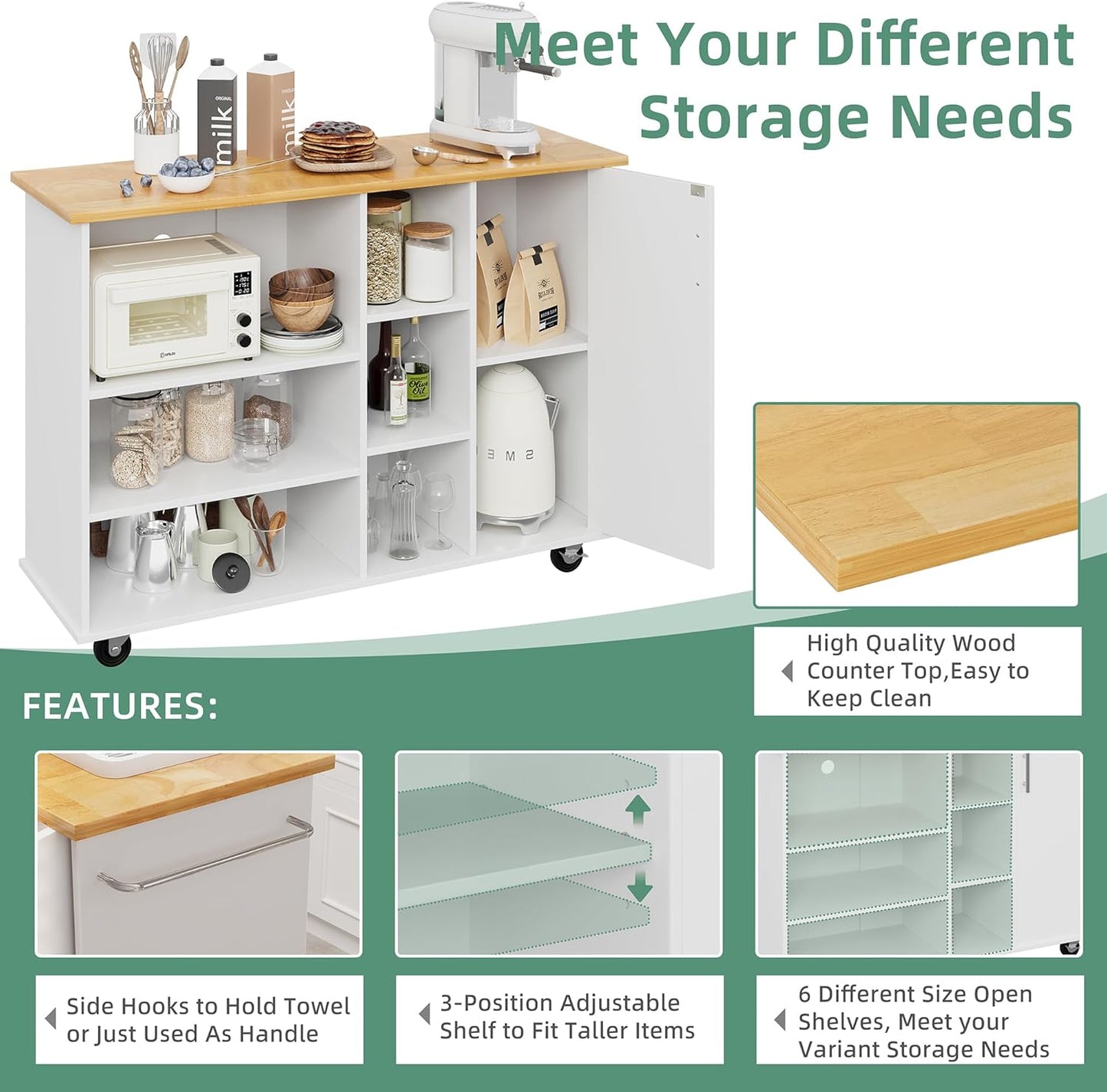 Shintenchi 47”W Kitchen Storage Island Cart with 6 Open Shelves and 1 Cabinet, Portable Trolley Cart with Wood Work Top and Handle/Towel Rack, White