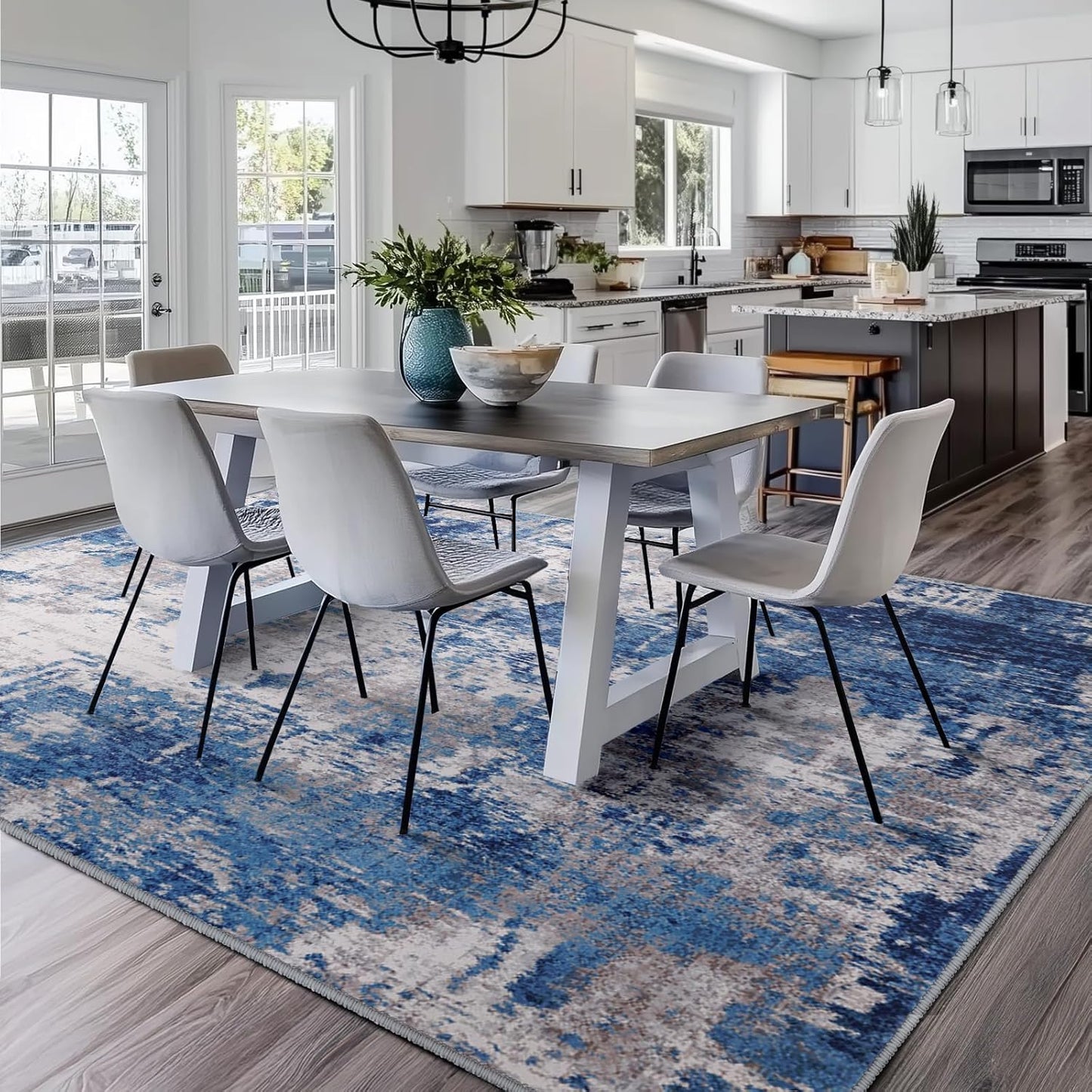 Washable Area Rugs 6'x9' Non-Slip Modern Abstract Soft for Living Room Entryway Bedroom Nursery, Print Pattern, Blue Grey Navy Gray