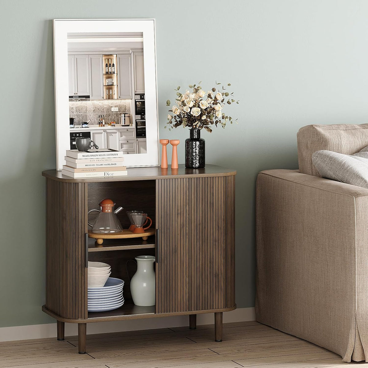 31.5" Sideboard Buffet Cabinet with Storage, Modern Walnut Accent Cabinet with Sliding Doors & Adjustable Feet, Small Credenza for Kitchen, Entryway, Living Room (Walnut, 15.8"D x 31.5"W x 29.5"H)