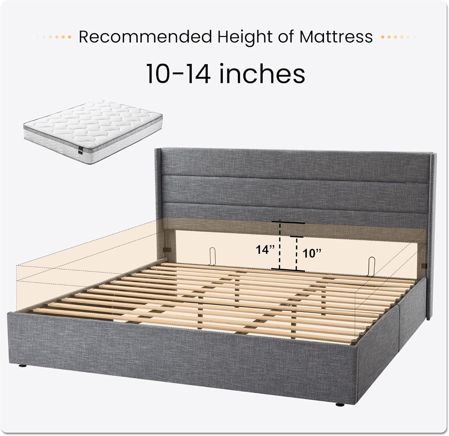 SHA CERLIN King Size Lift Up Storage Bed/Modern Wingback Headboard/Upholstered Platform Bed Frame/Hydraulic Storage/No Box Spring Needed/Wood Slats Support/Grey Blue