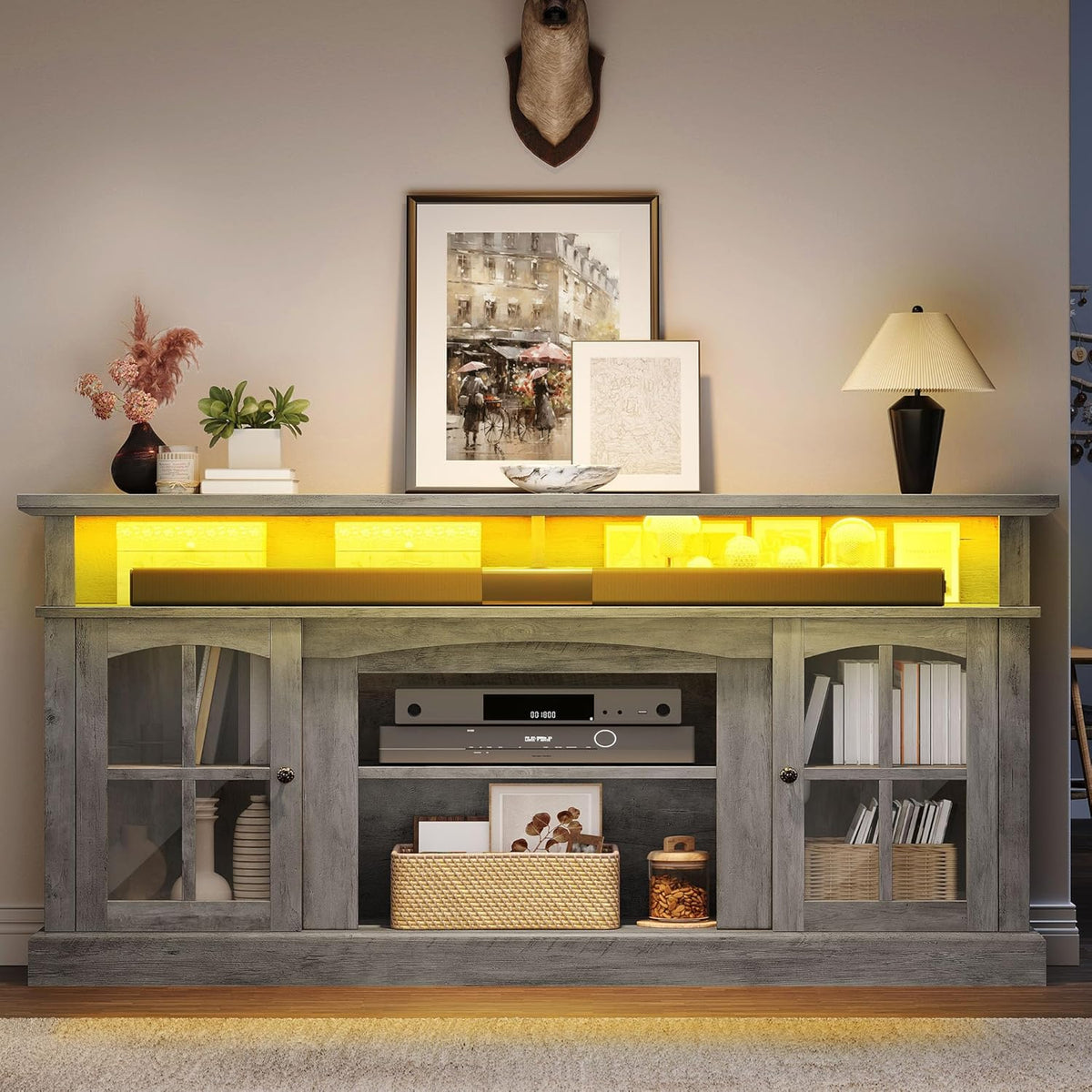 YITAHOME LED Farmhouse TV Stand for 75 Inch w/Outlets, Modern Entertainment Center with Glass Doors and Adjustable Storage Shelves, Media Console TV Cabinet for for Living Room, Grey