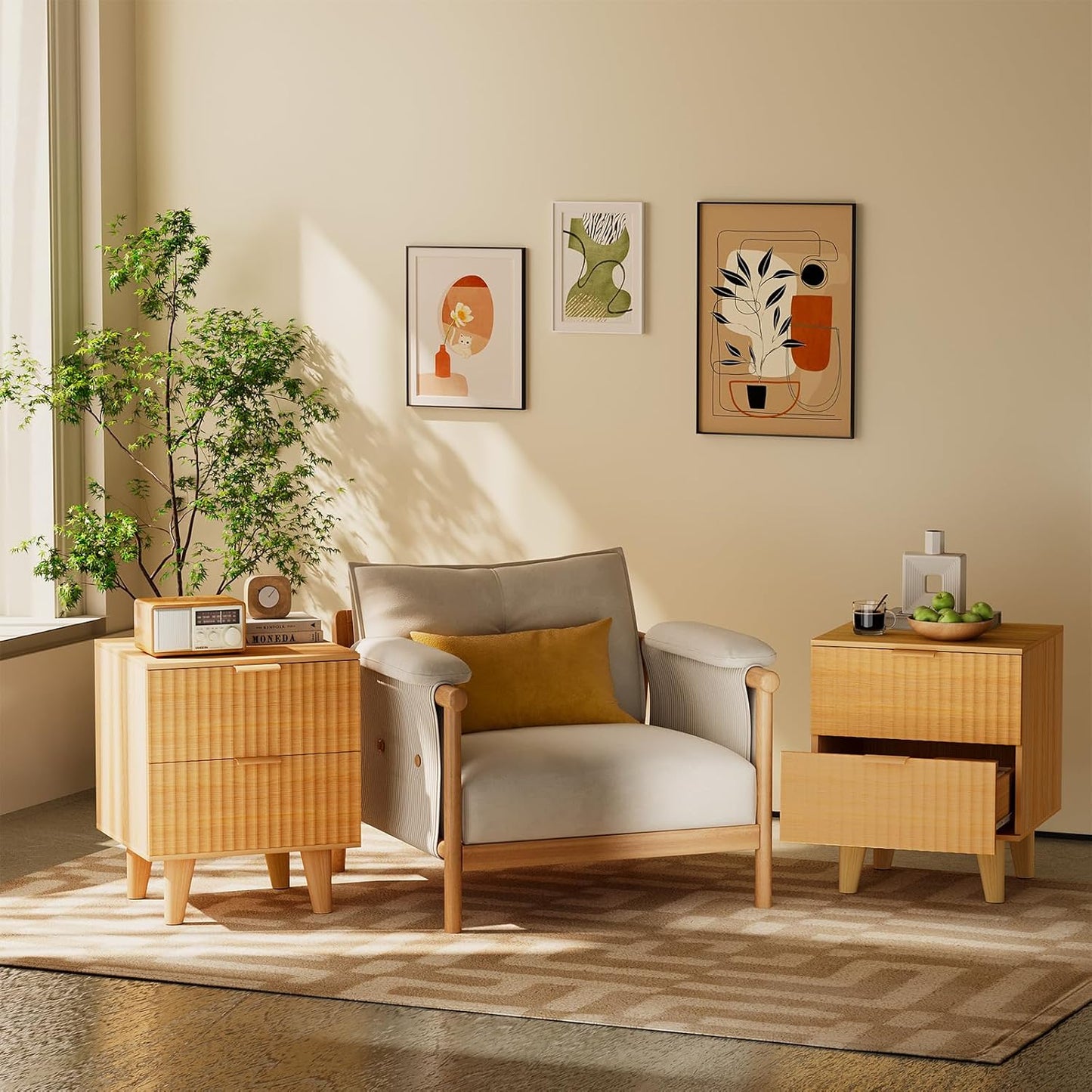 Urban Deco Fluted Nightstand with Storage, Mid Century Modern Nightstand, Wooden Side Table with 2 Fluted Drawers, End Table with Solid Wood Legs for Bedroom,15.4 x 15.4 x 22.8 in (Natural)