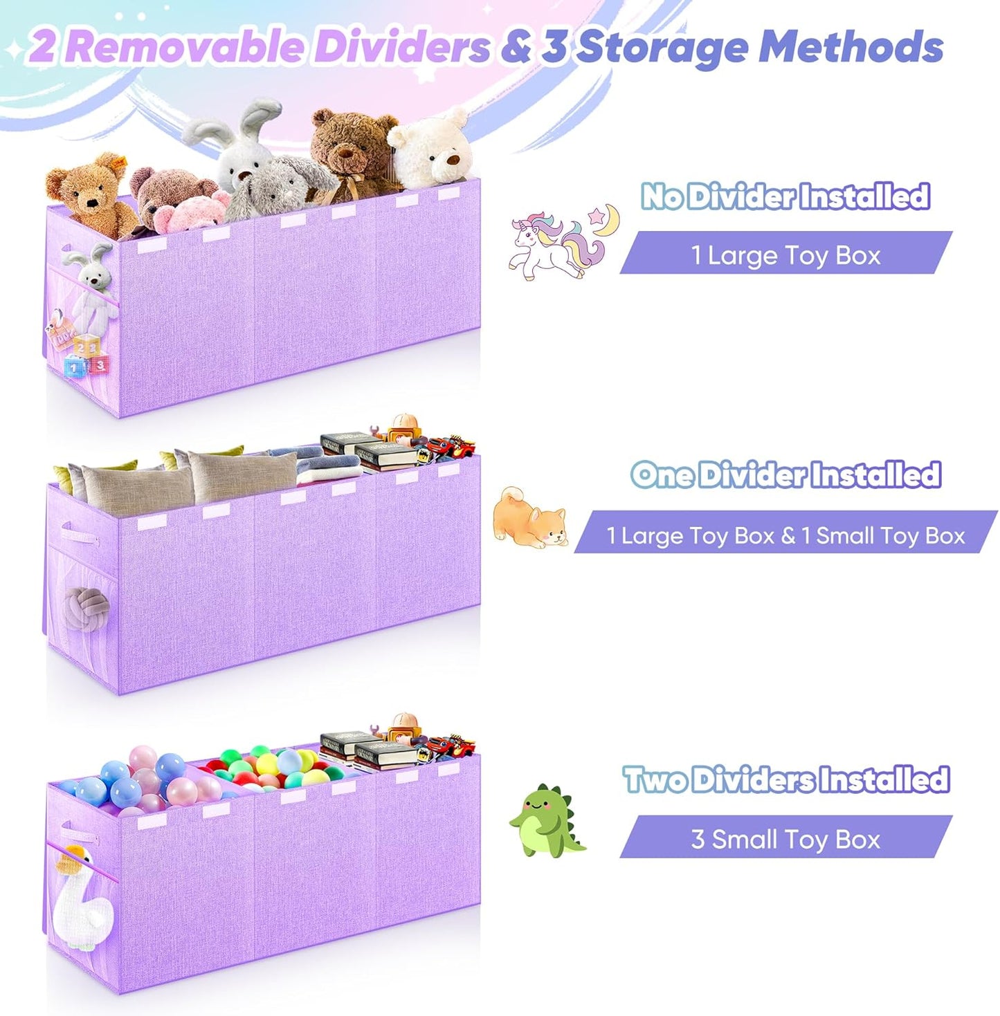 Extra Large Toy Box, Toy Chest for Kids Boys Girls, Collapsible Sturdy Storage Organizer with Mesh Pockets, 40"x14"x16" Kids Box Bins Baskets for Nursery, Playroom, Purple