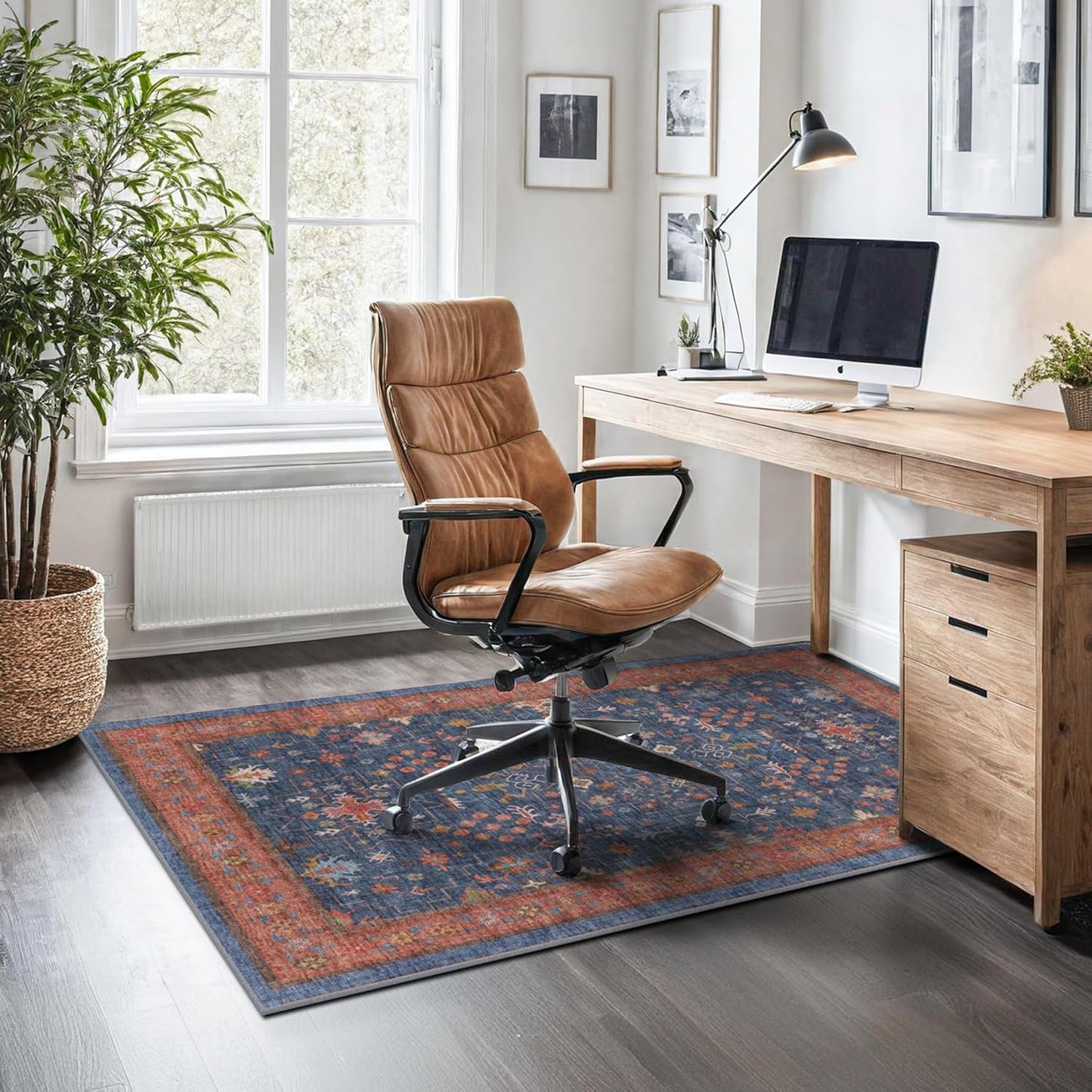 Large 3x5 Kitchen Rug Non Slip Machine Washable, Throw Rugs for Entryway Indoor, Floor Mat, Home Office Under Chair - Stain Resistant Non Skid Rubber Backing, Tribal Farmhouse Décor (3x5 Navy Blue)