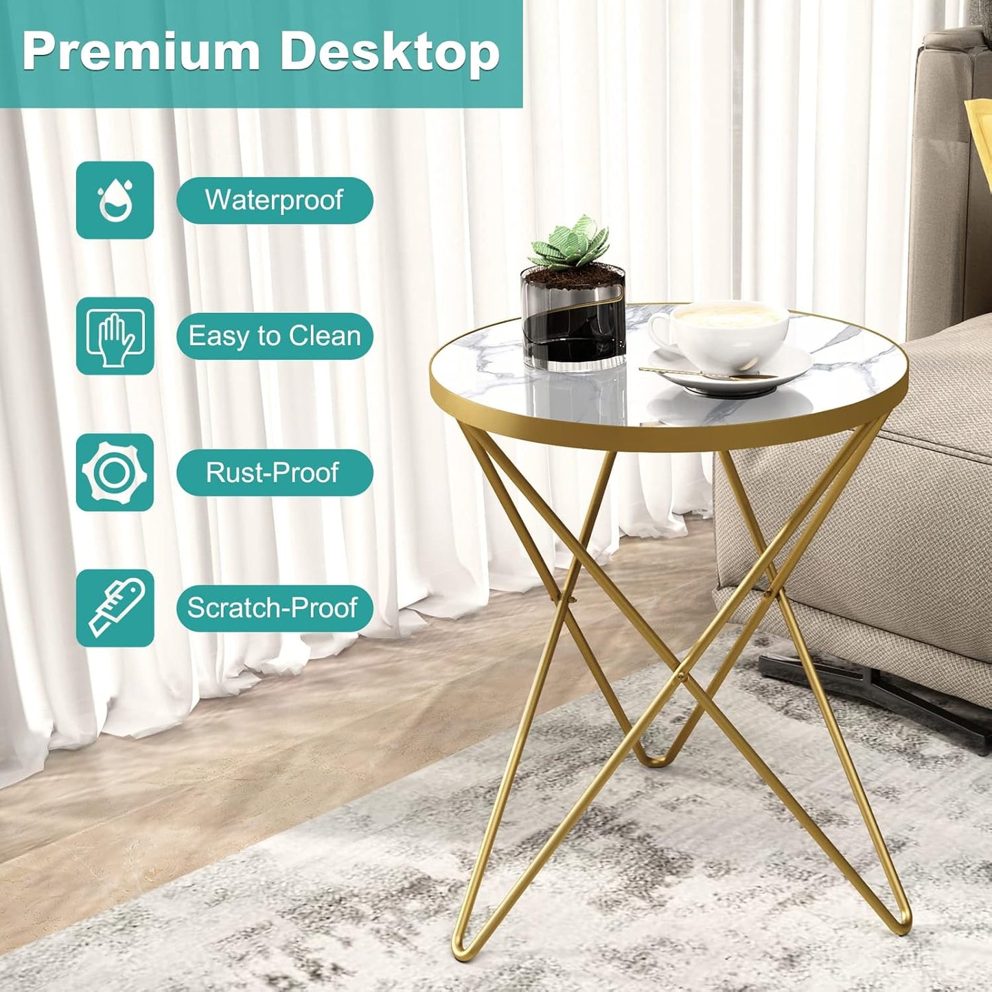 HLR Modern Round Side Table Set of 2, End Table with Marble Effect Top and Gold Metal Frame, Small Side Table for Living Room, Bedroom, Sofa and Couch, Gold Legs, White Marble top