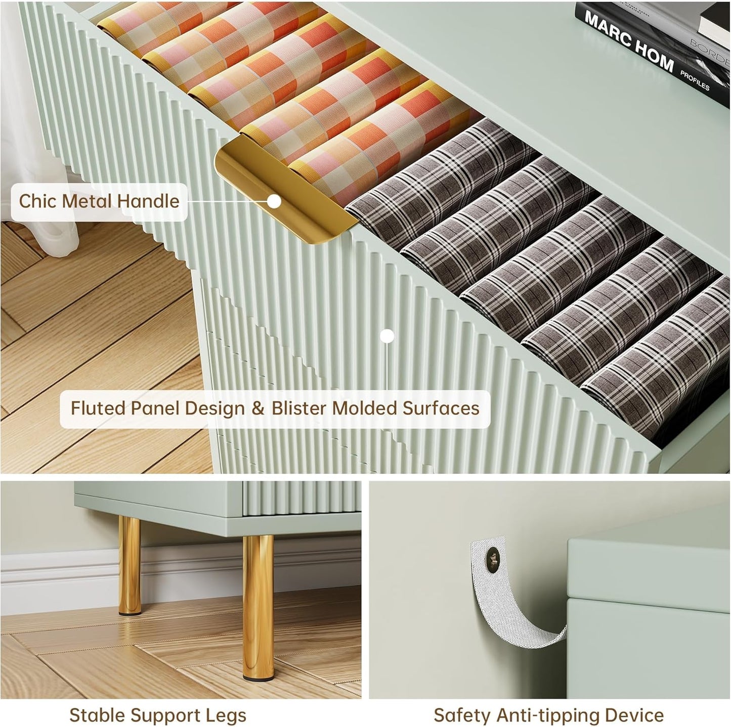 Green Dresser, Modern 3 Drawer Dresser for Bedroom with Gold Handle and Large Drawer, Wood Double Chest of Drawers and Storage Organizer for Living Room, Hallway, Entryway