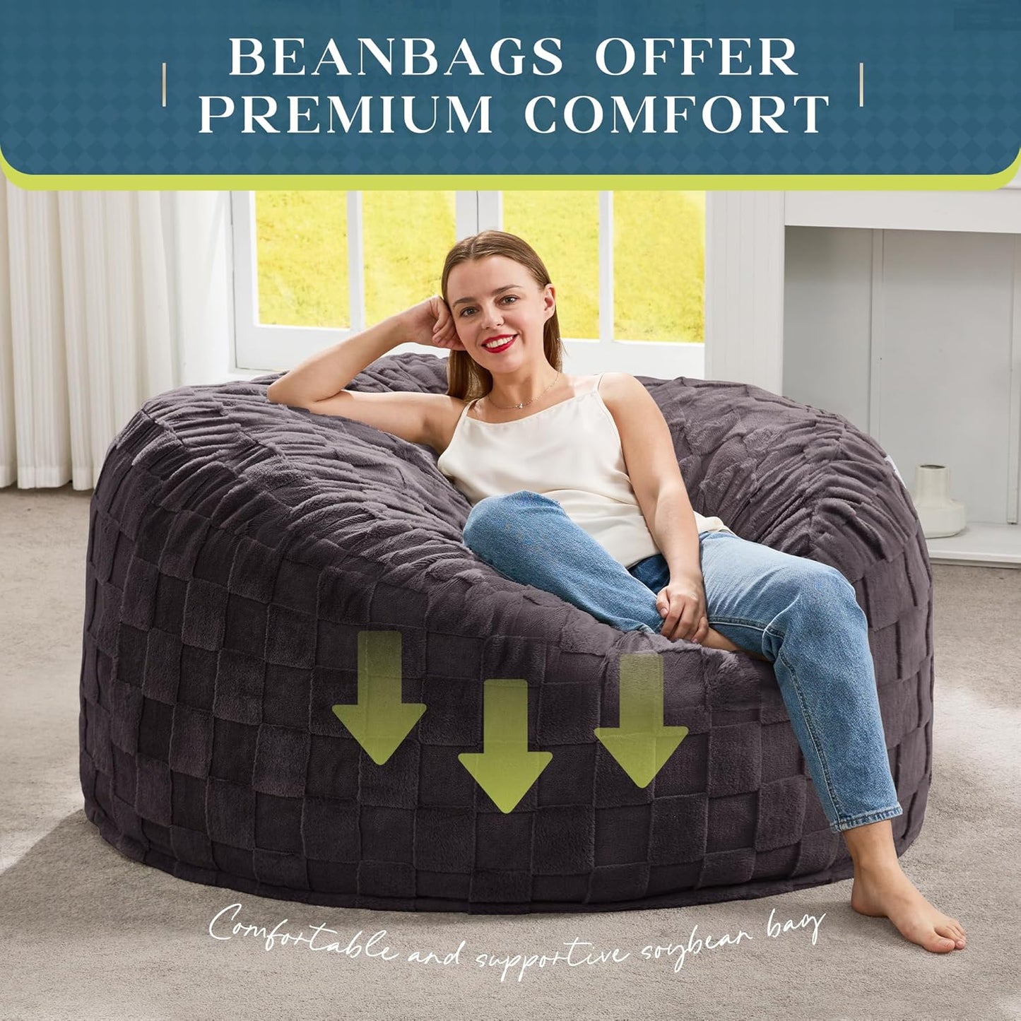 Hobestluk Bean Bag Chairs Beanbag Chair with Filler Adult Bean Bags with Fluffy Cover, Giant Bean Bag Chairs for Adults for Living Room, Bedroom (Dark Grey, 4FT - 44” x 44” x 24”)