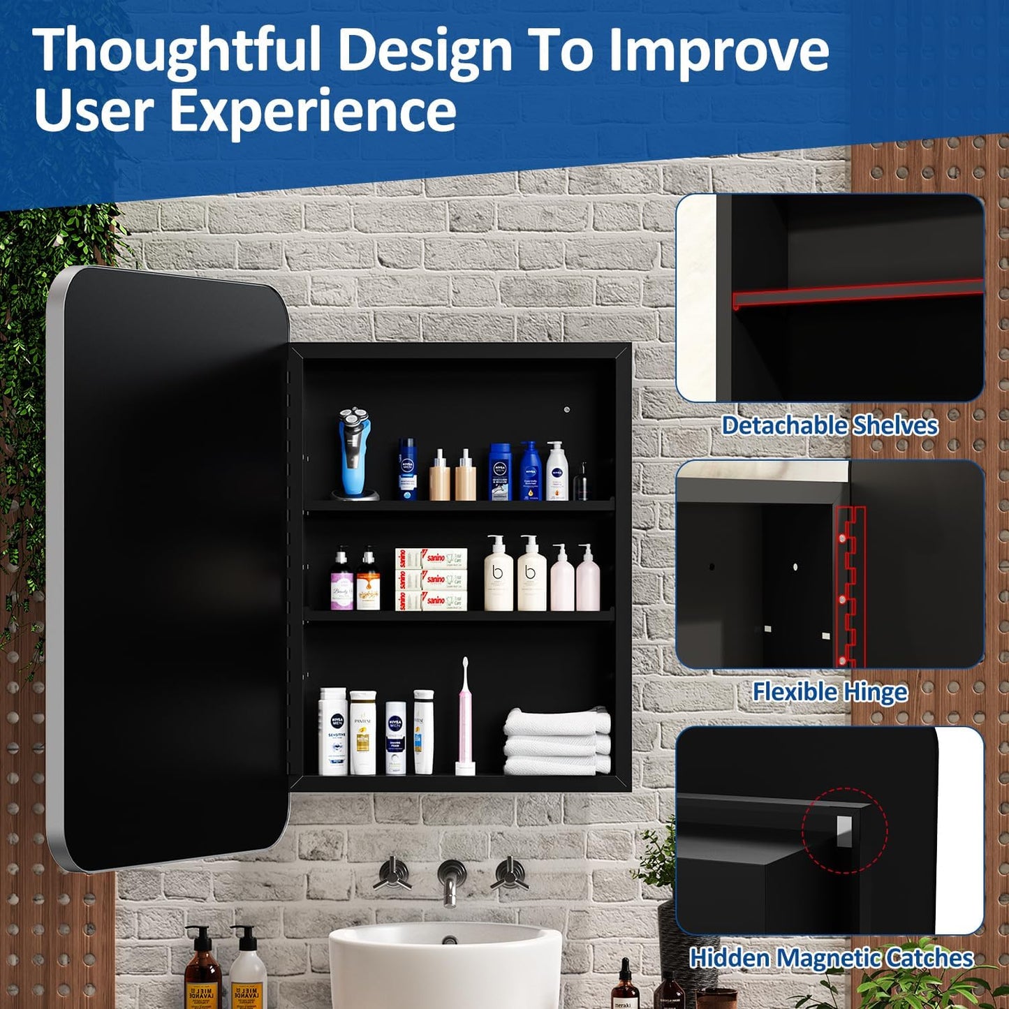 24x30 Inch Bathroom Medicine Cabinet with Mirror Metal Framed Recessed or Wall Mounted Mirrored Medicine Cabinets for Bathroom Brushed Silver