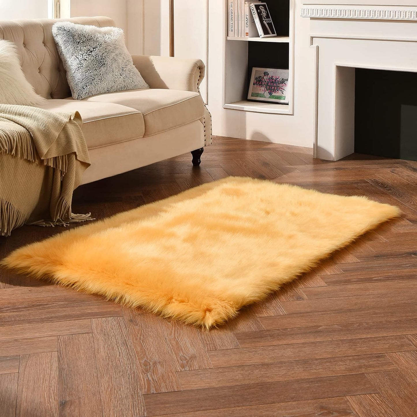 duduta Yellow Faux Sheepskin Fur Rug 3x5 ft, Fluffy Shag Bedroom Dorm Nursery Playroom Carpet Rug Non Slip Washable