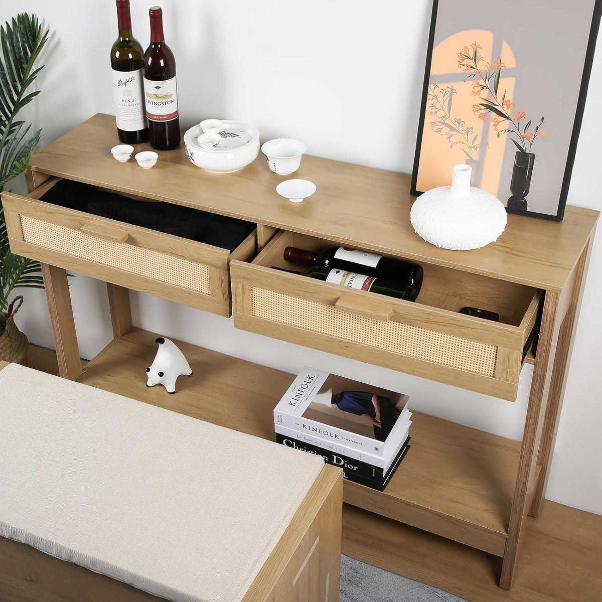 Console Table with Rattan Drawers, Boho Rattan Entryway Table with Storage, Wood Small Console Tables for Entryway, Entry Table for Hallway, Sofa Table