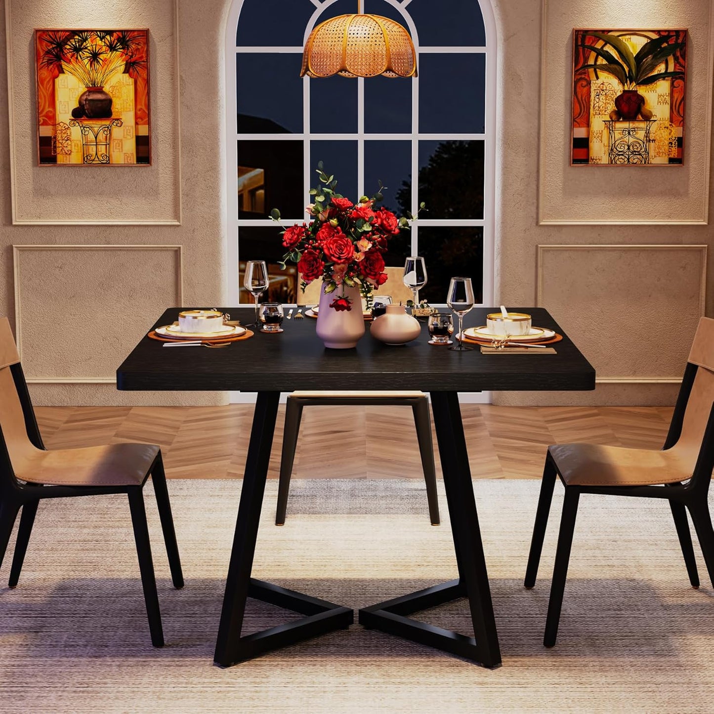 Tribesigns Square Dining Table for 6, 31.5" Industrial Dinner Table with Metal Base, Kitchen Table for Dining Room, Small Space, Apartment, Black