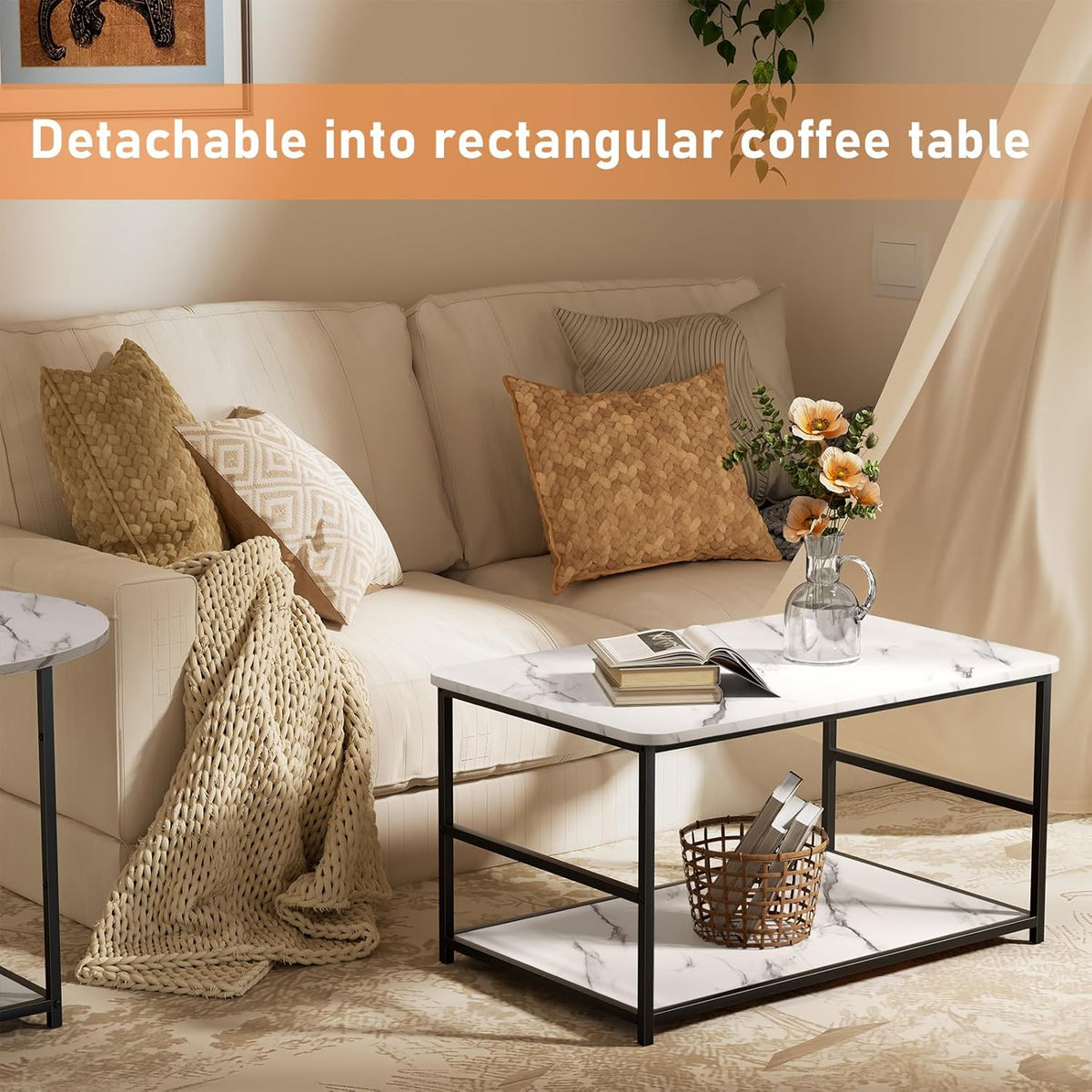 WOHOMO 48IN Faux Marble Wood Coffee Table with Adjustable Shelf, White Nesting Tables 2 in 1, Small Coffee Tables for Living Room