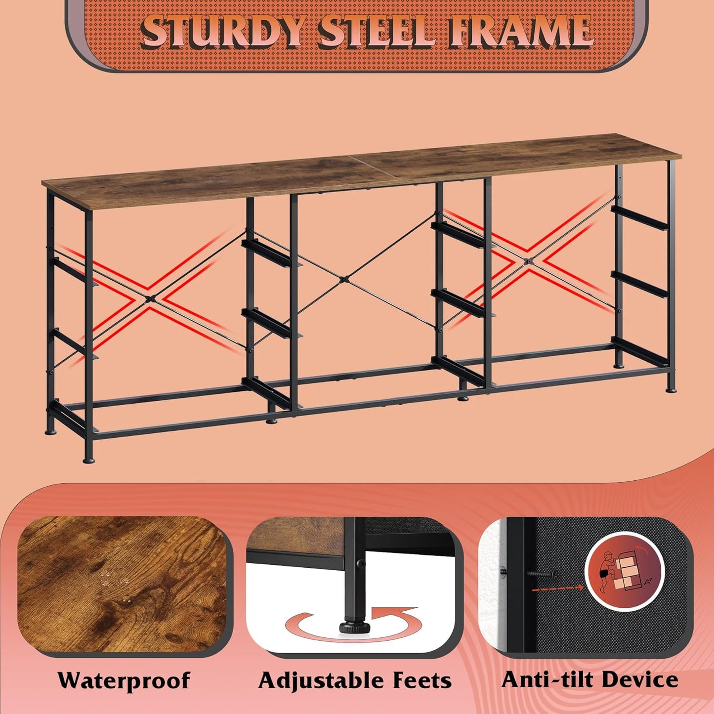 WLIVE 63''W Dresser for Bedroom, Dresser TV Stand for 65, 70, 75 inch TV, Wide Chest of Drawers with 9 Drawer, Large Entertainment Center, Fabric Dressers with Wood Top for Living Room, Rustic Brown