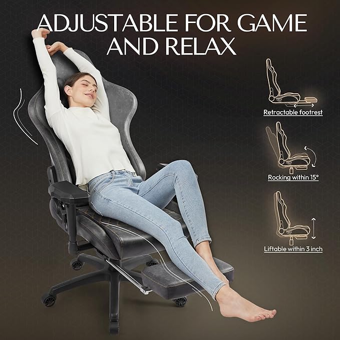Dowinx Gaming Chair Big and Tall, Ergonomic Computer Chair with 4D Armrests and Footrest Massage Lumbar Support, High Back Comfortable Gamer Chair for Adults 350Lbs PU Leather for Office Game, Grey