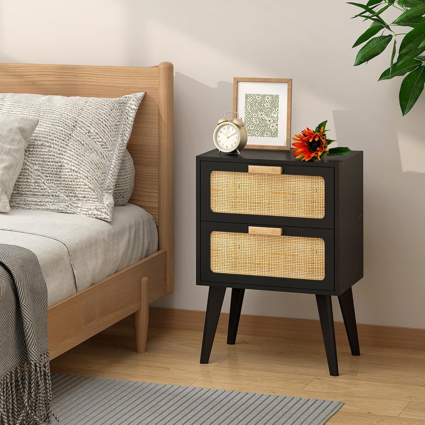Rattan Nightstand Set of 2,Mid Century Modern Bedside Table with Storage,End Table,Side Table with 2 Hand Made Rattan Decorated Drawers for Livingroom, Bedroom, Black CTG59B-2