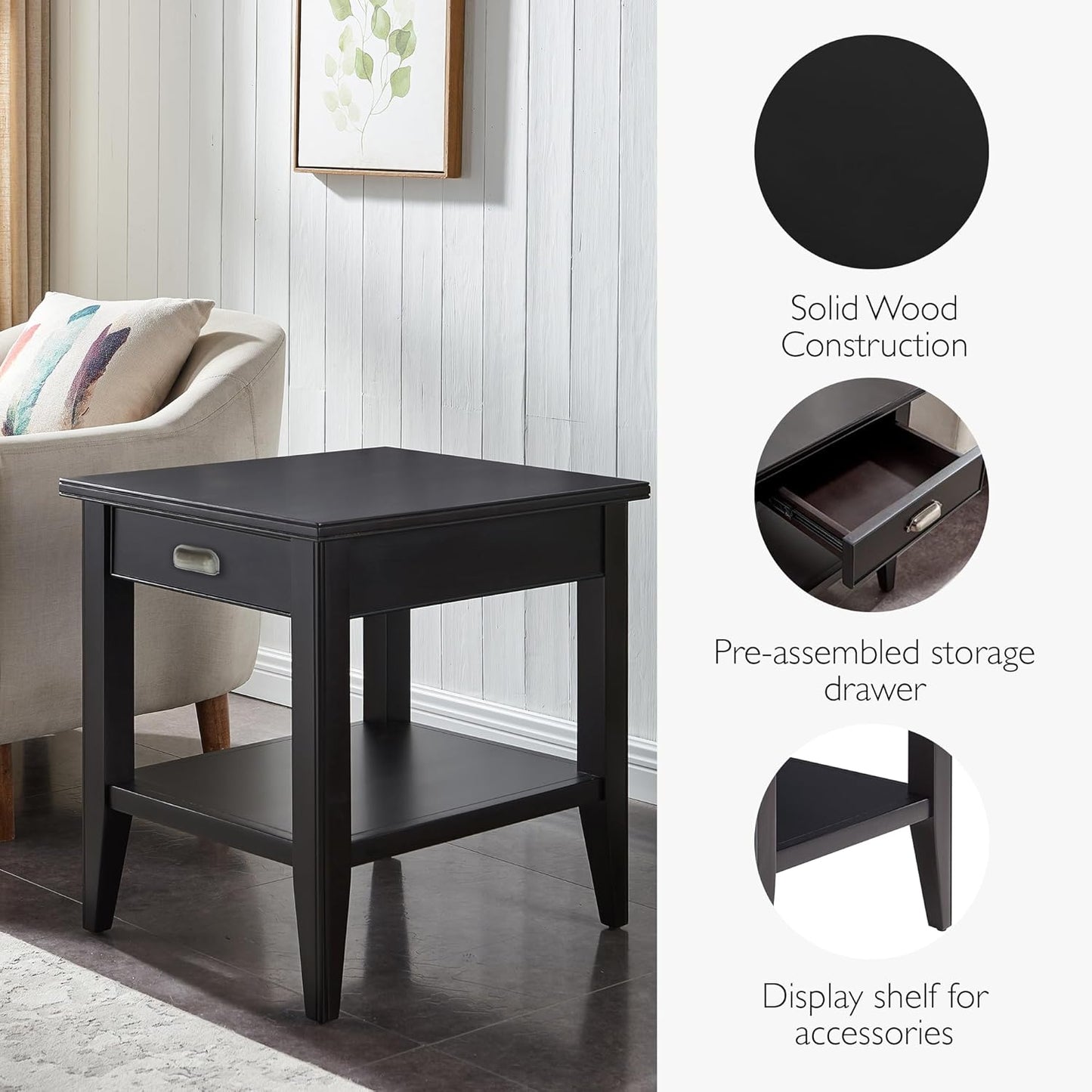 Leick Home Laurent End Table, Solid Wood, 1 Drawer, Bottom Display Shelf, Easy Assembly, for Bedroom/Living Room, Black, 24.0 in L x 20.0 in. W x 24.0 in. H, 10507-BK