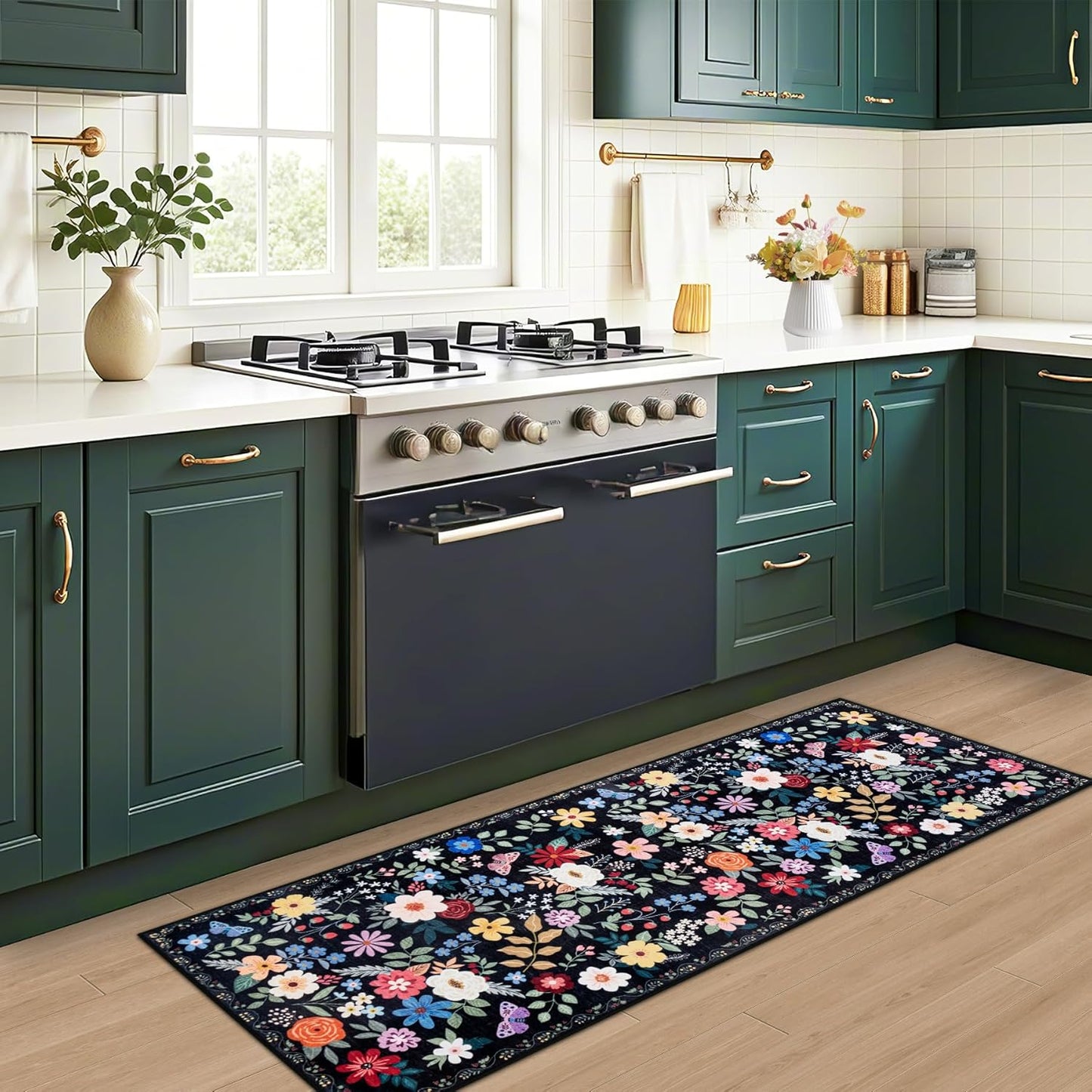 Runner Rug for Entryway: 2.6x8 Kitchen Rugs Non Slip Washable Ultra-Thin Soft Floral Carpet Indoor Floor Stain Resistant Carpets for Hallway Bedroom Kitchen Laundry Bathroom Dorm Black