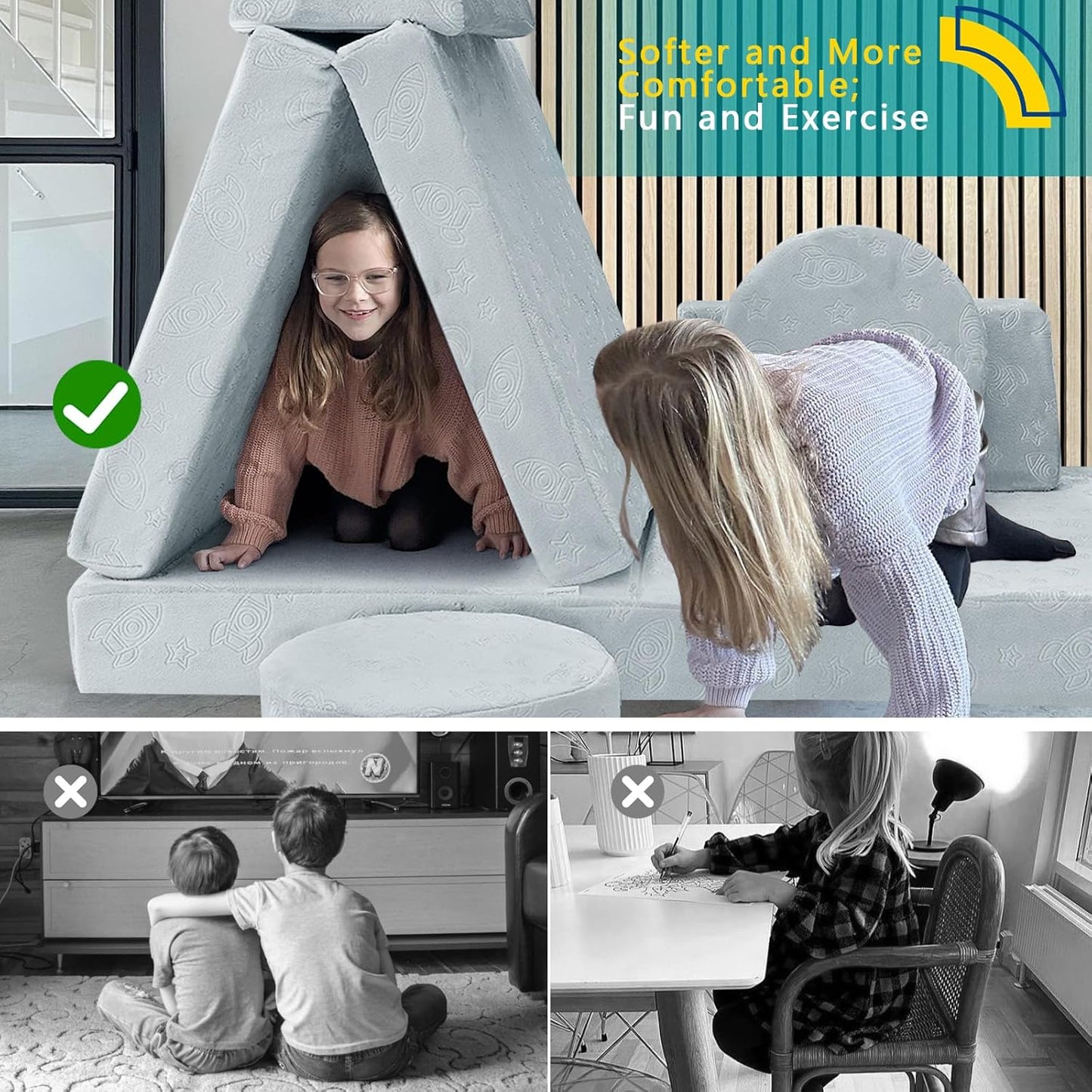 MeMoreCool Modular Kids Play Couch Sofa, Gray 8-Piece Fold-Out Convertible Toddler Couch with Rocket, Star, and Moon Patterns for Playroom