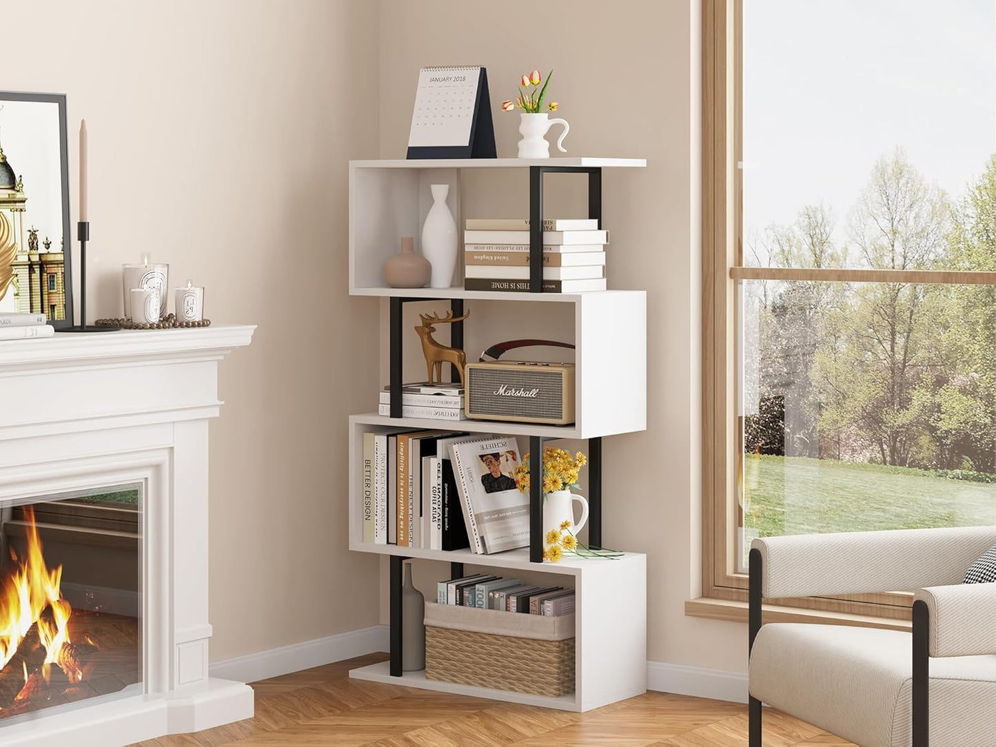 Yusong Geometric Bookcase, S Shaped Bookshelf 4-Tier Book Shelves for Bedroom, Modern Wood Decorative Display Shelf Tall Book Case for Home Office, Black and White