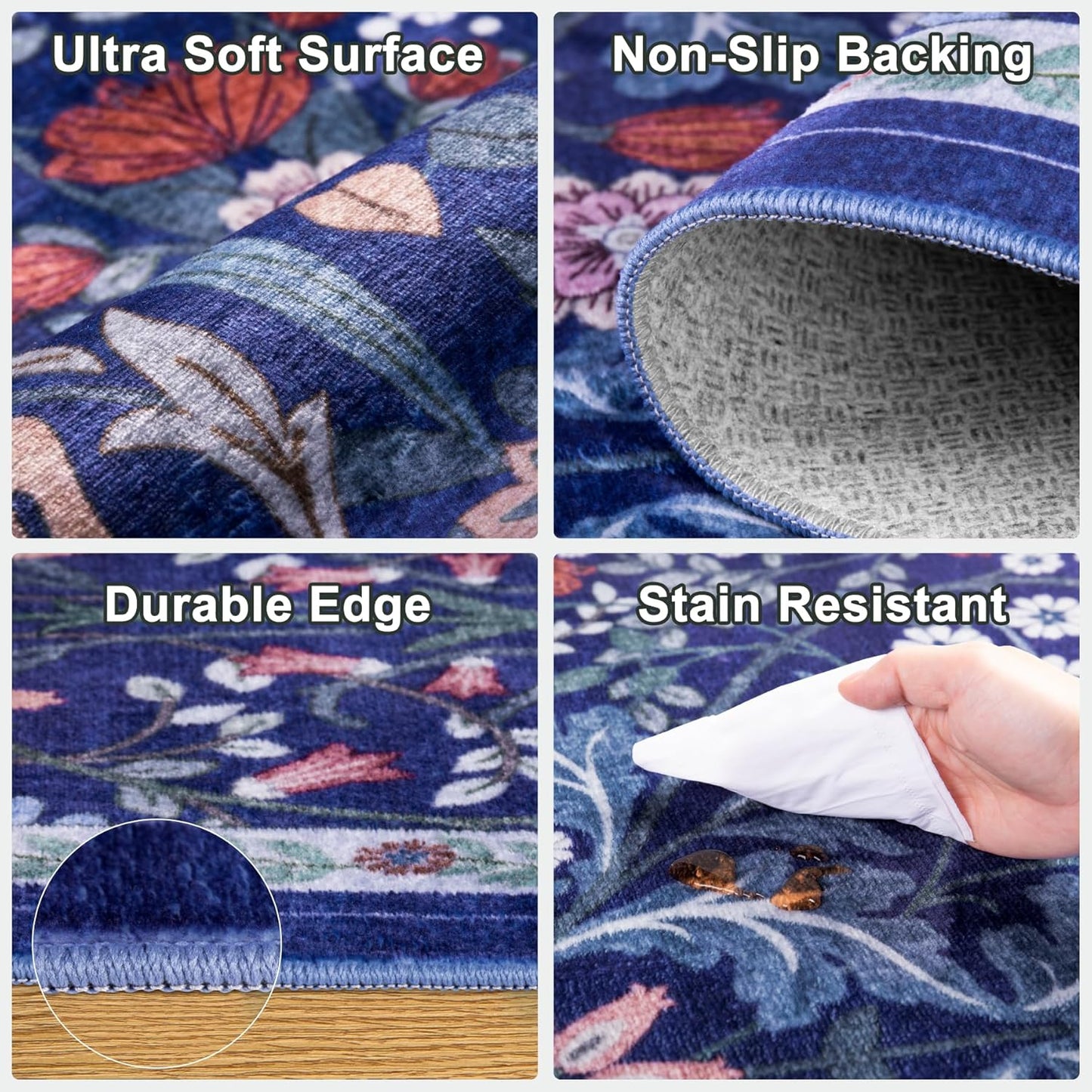 Area Rug Living Room Rugs: Floral 4x6 Washable Rug Vintage Soft Boho Non-Slip Carpet Indoor Floor Stain Resistant Large Carpets for Bedroom Dining Room Farmhouse Nursery Hallway Home Office Blue