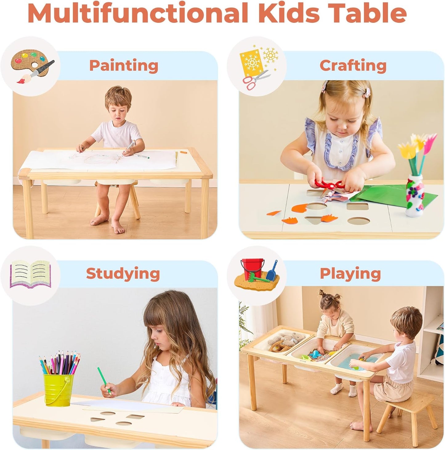 Sensory Table for Toddlers with 3 Storage Bins, Wooden Activity Table with Double-Sided Boards, Sand and Water Play, Indoor & Outdoor Use