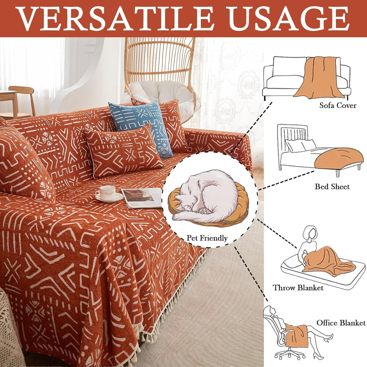 HANDONTIME Boho Aztec Sofa Slipcover for Sofa/Couch Farmhouse Geometric Couch Protector for Dogs with Tassel Brick Orange Couch Covers Sofa Cover for Dogs Cats Kids Bohemian Sofa Dรฉcor, 71" X150"