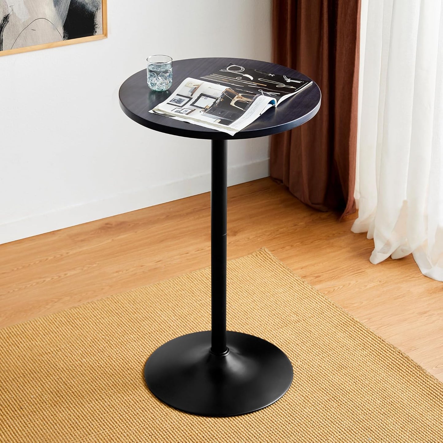 Glitzhome 39.5" H Round Bar Table Pub Table, Wood Top with Metal Leg and Base, Charcoal Gray Walnut Veneer Finish Bar Height Cocktail Table for Kitchen Island,Bistro,Restaurant (Charcoal Gray)