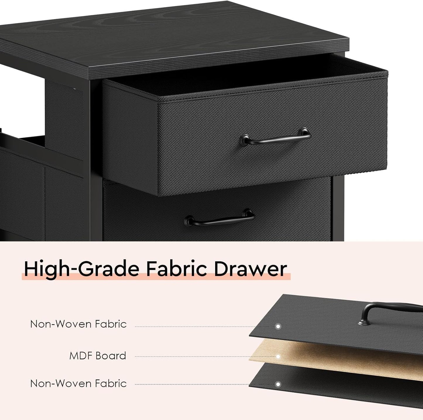 3 Drawer Mobile File Cabinet with Wheels Fabric Vertical Filing Cabinet fits A4 or Letter Size for Home Office,Black