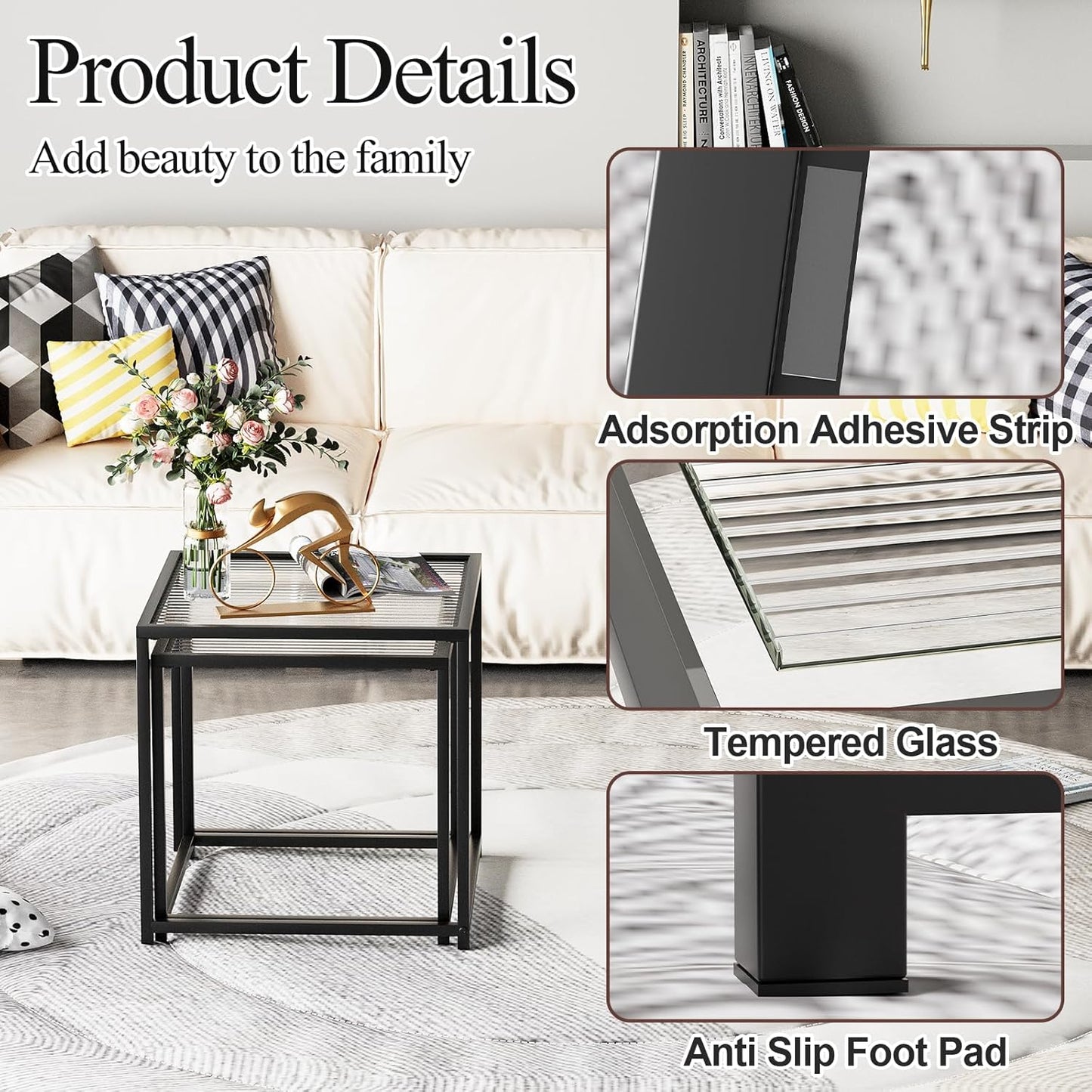 Garden 4 you Coffee Table Set of 2, Modern Patterned Glass Nesting Table, Metal Frame Square Center Table Set, Side Tables, Nesting Coffee Table for Living Room, Bedroom and Small Spaces, 19.7in Black