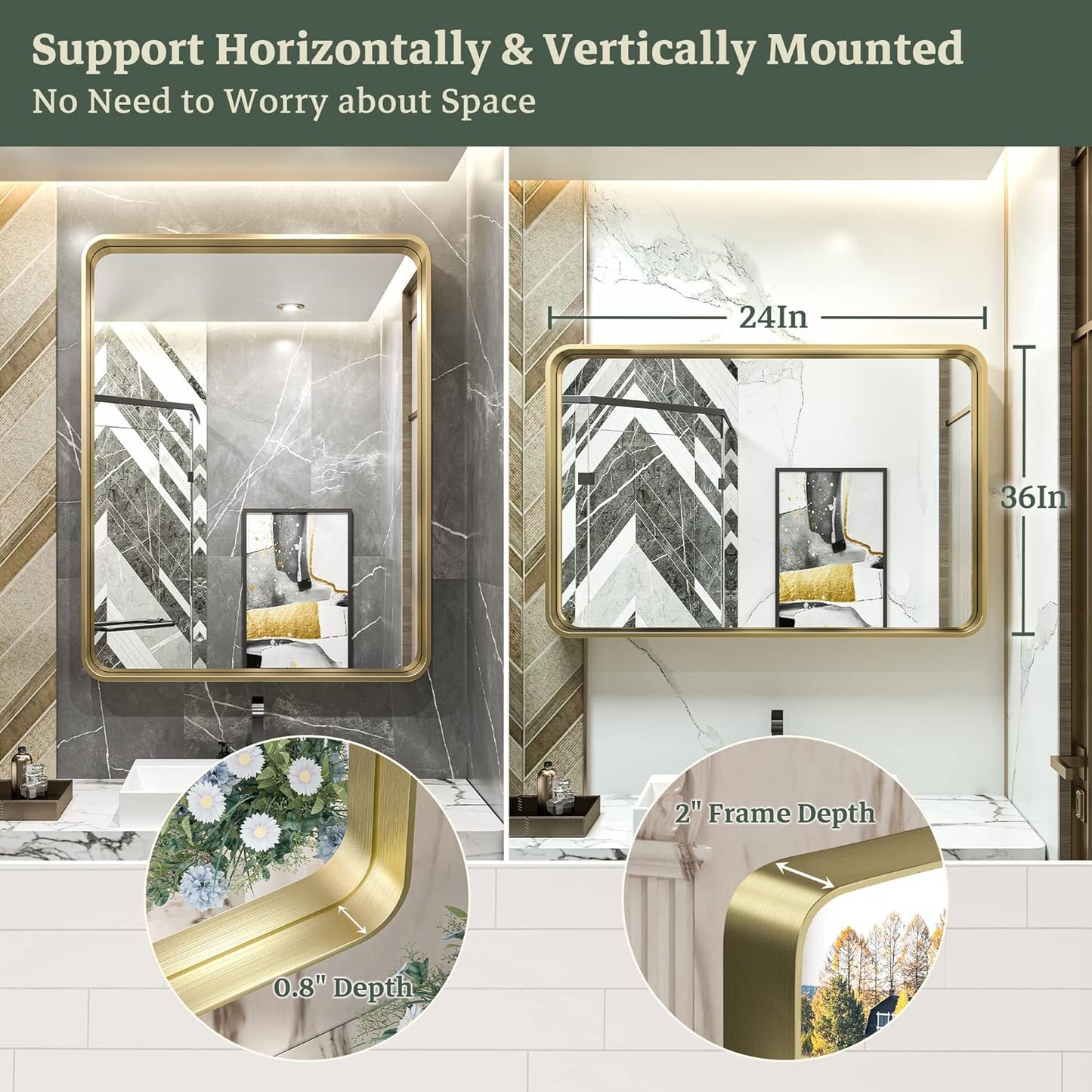 TokeShimi Gold Bathroom Mirror for Wall 24 x 36 Inch Metal Rounded Corner Rectangle Mirror Wall Mirror Metal Frame Deep Set Design Hangs Horizontal Or Vertical Rustic Mirror